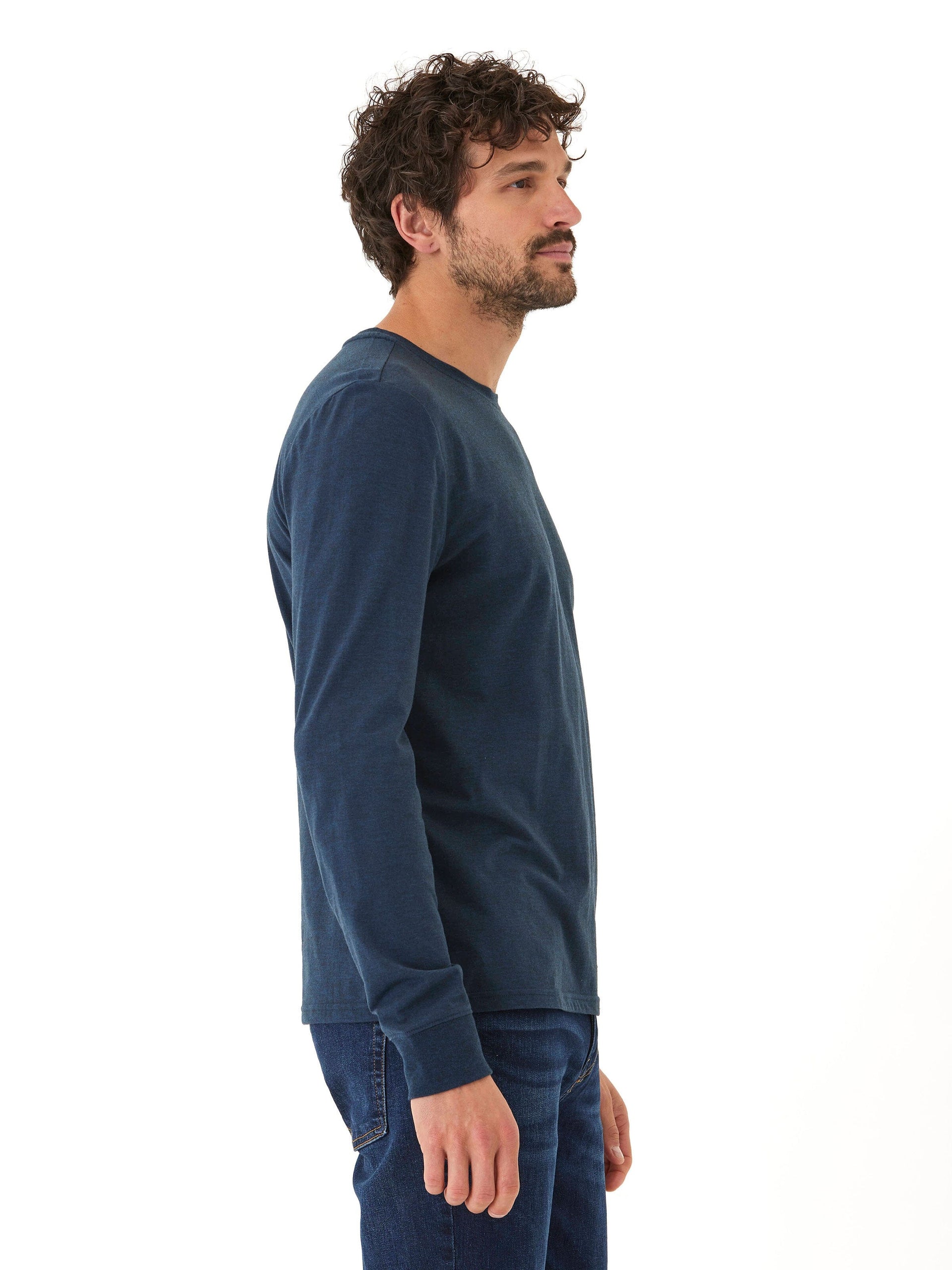 Men's Long Sleeve Triblend Crew Neck Tee in Navy Blue