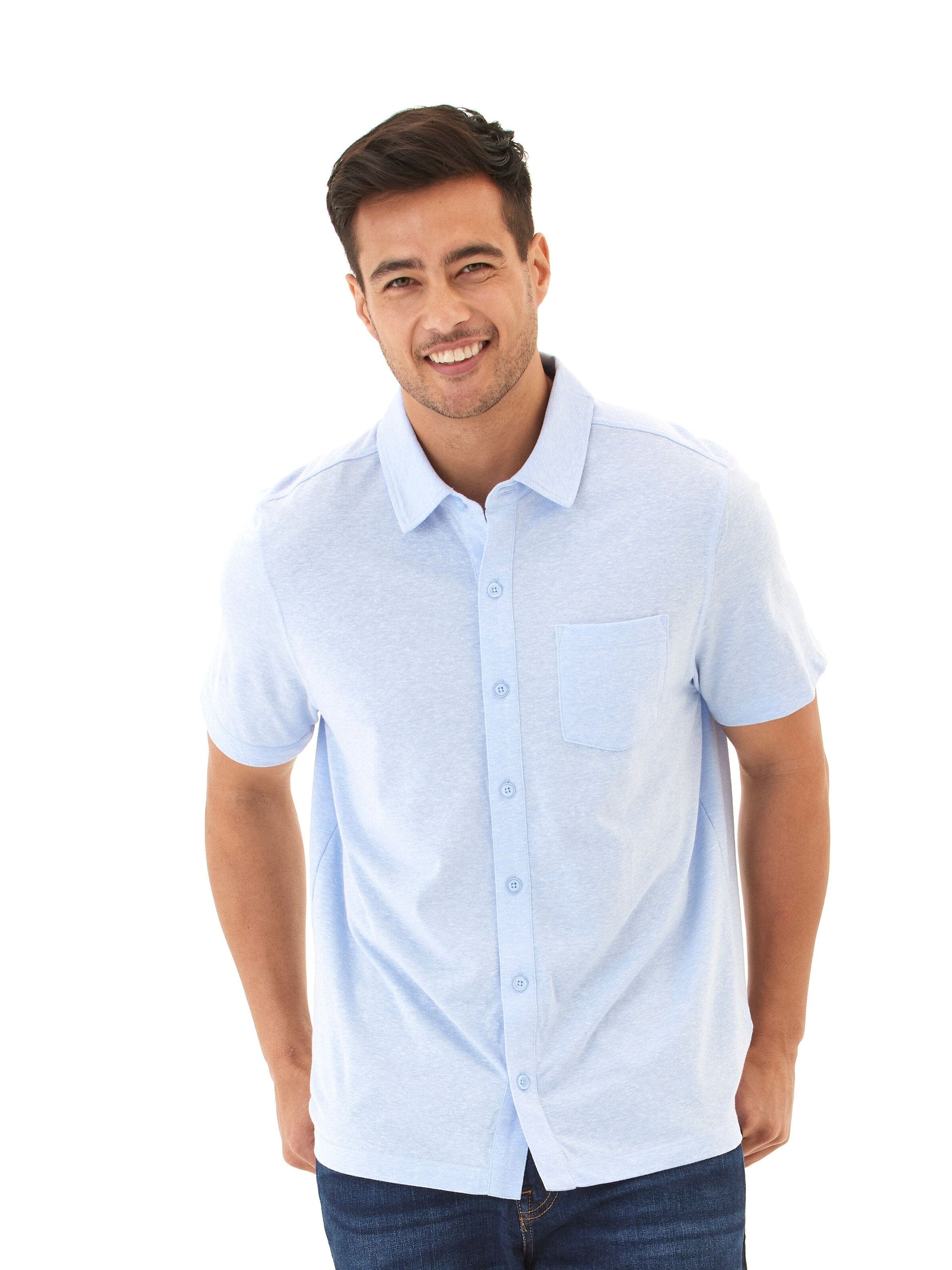 Paxton Triblend short sleeve button-down shirt with chest pocket in a neutral lighting setting