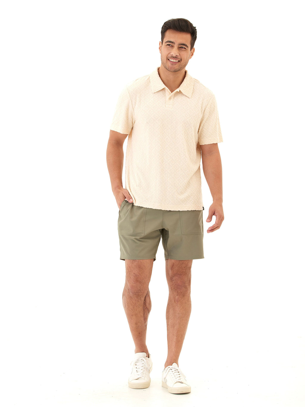 Darryn Jacquard Terry 2-Button Polo in Cream