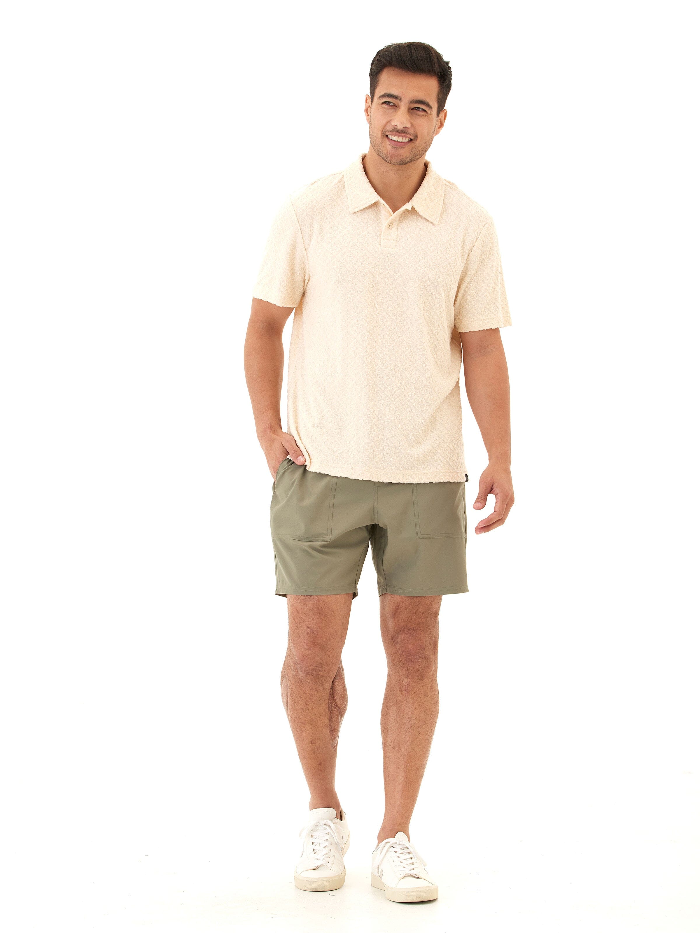 Darryn Jacquard Terry 2-Button Polo in Cream