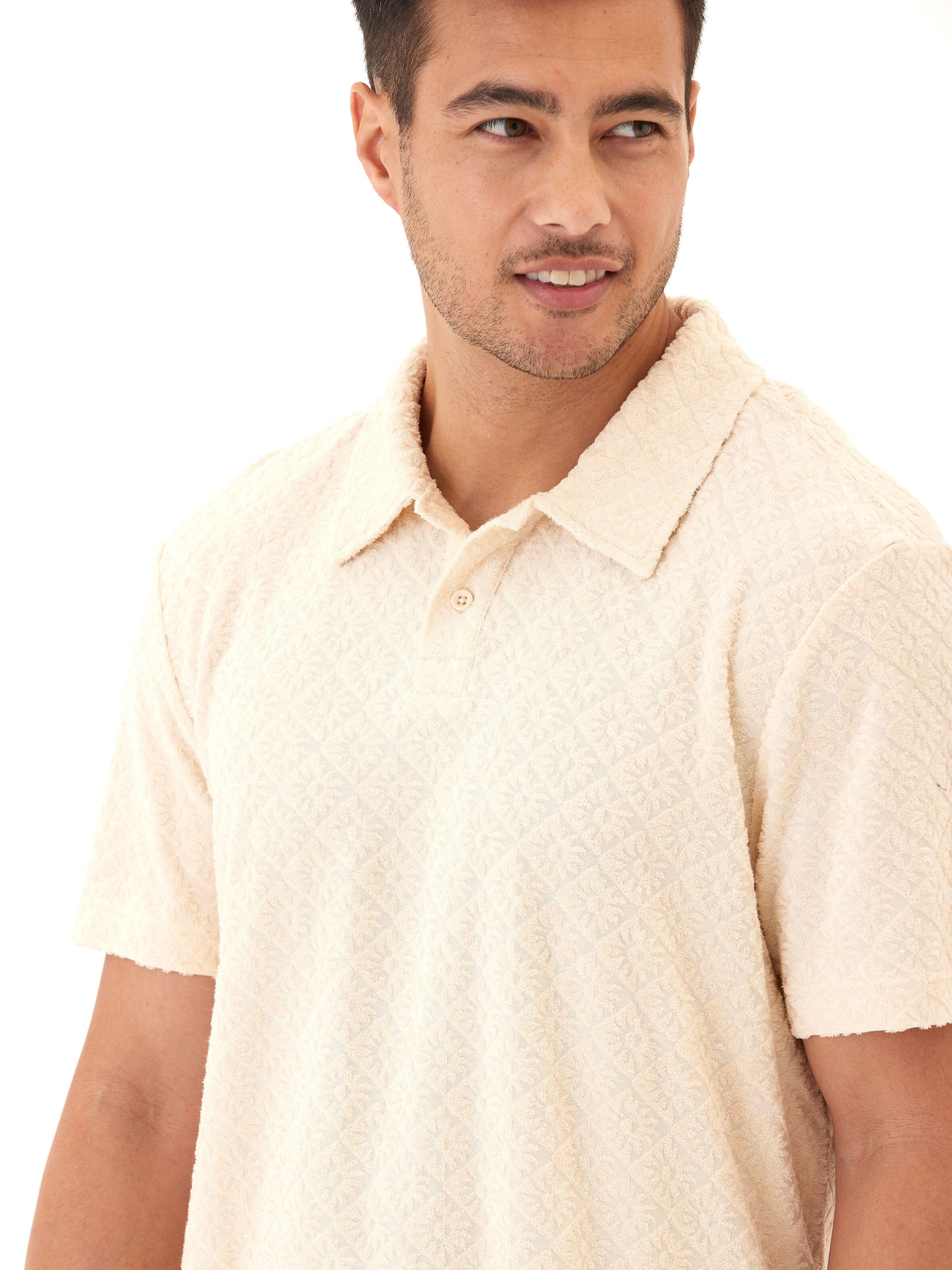 Darryn Jacquard Terry 2-Button Polo in Cream