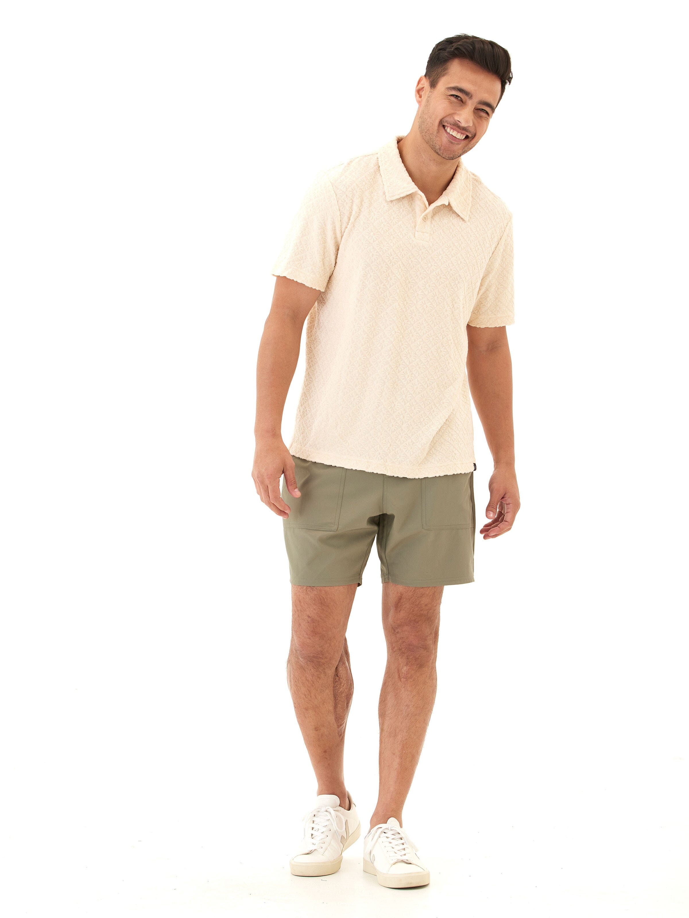 Darryn Jacquard Terry 2-Button Polo in Cream