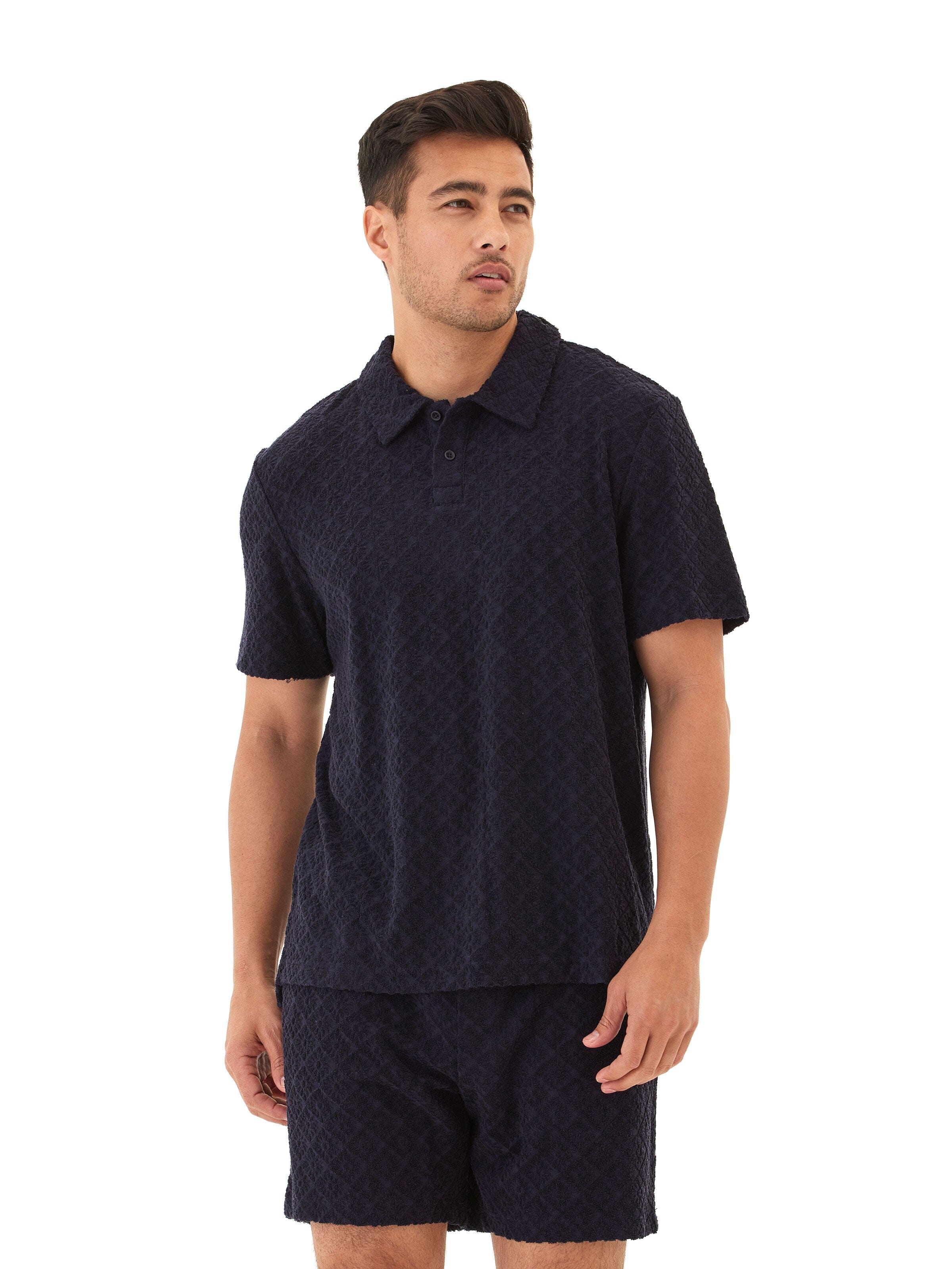 Darryn Men's Jacquard Terry 2-Button Polo with Geometric Pattern