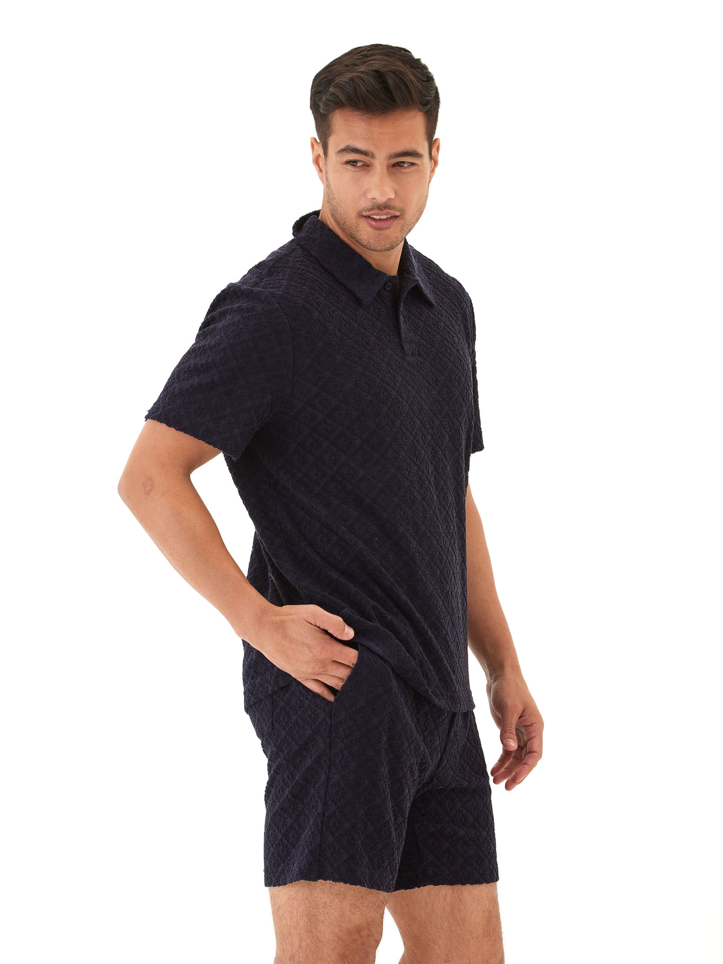 Darryn Men's Jacquard Terry 2-Button Polo with Geometric Pattern