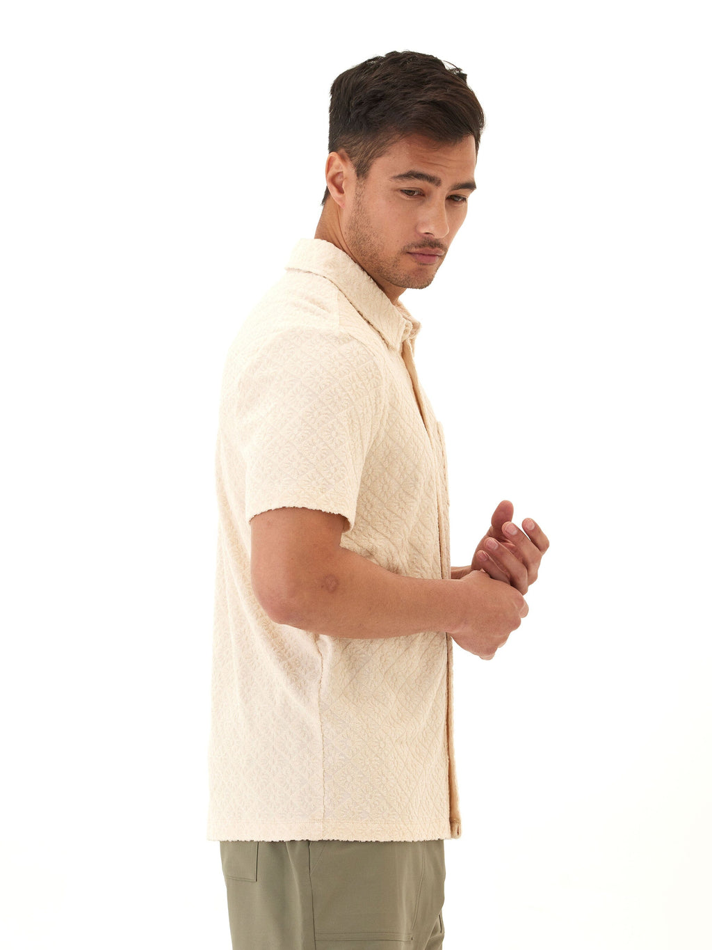 Paxton Jacquard Terry Button-Down Pocket Shirt in Cream and Beige