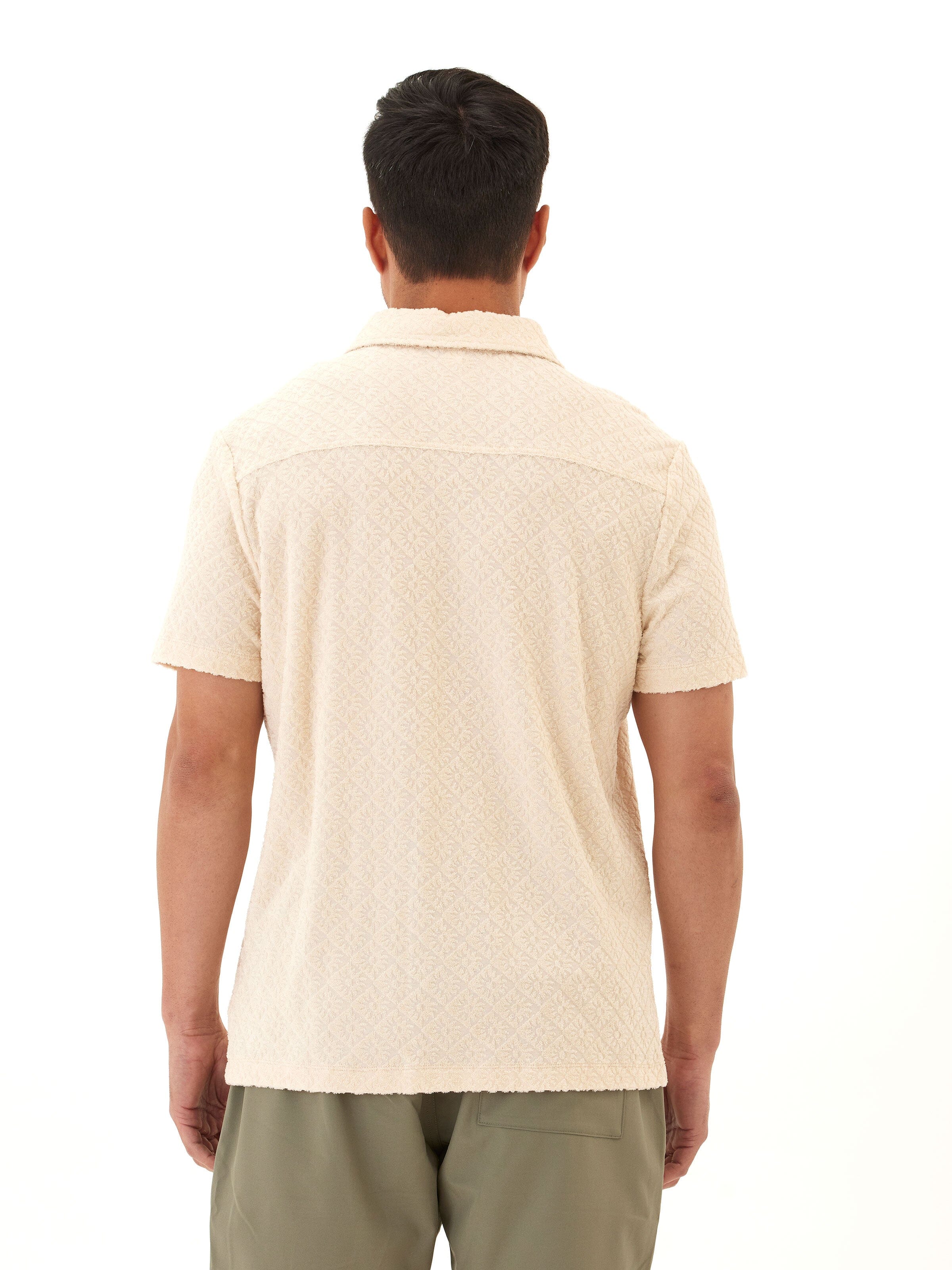 Paxton Jacquard Terry Button-Down Pocket Shirt in Cream and Beige