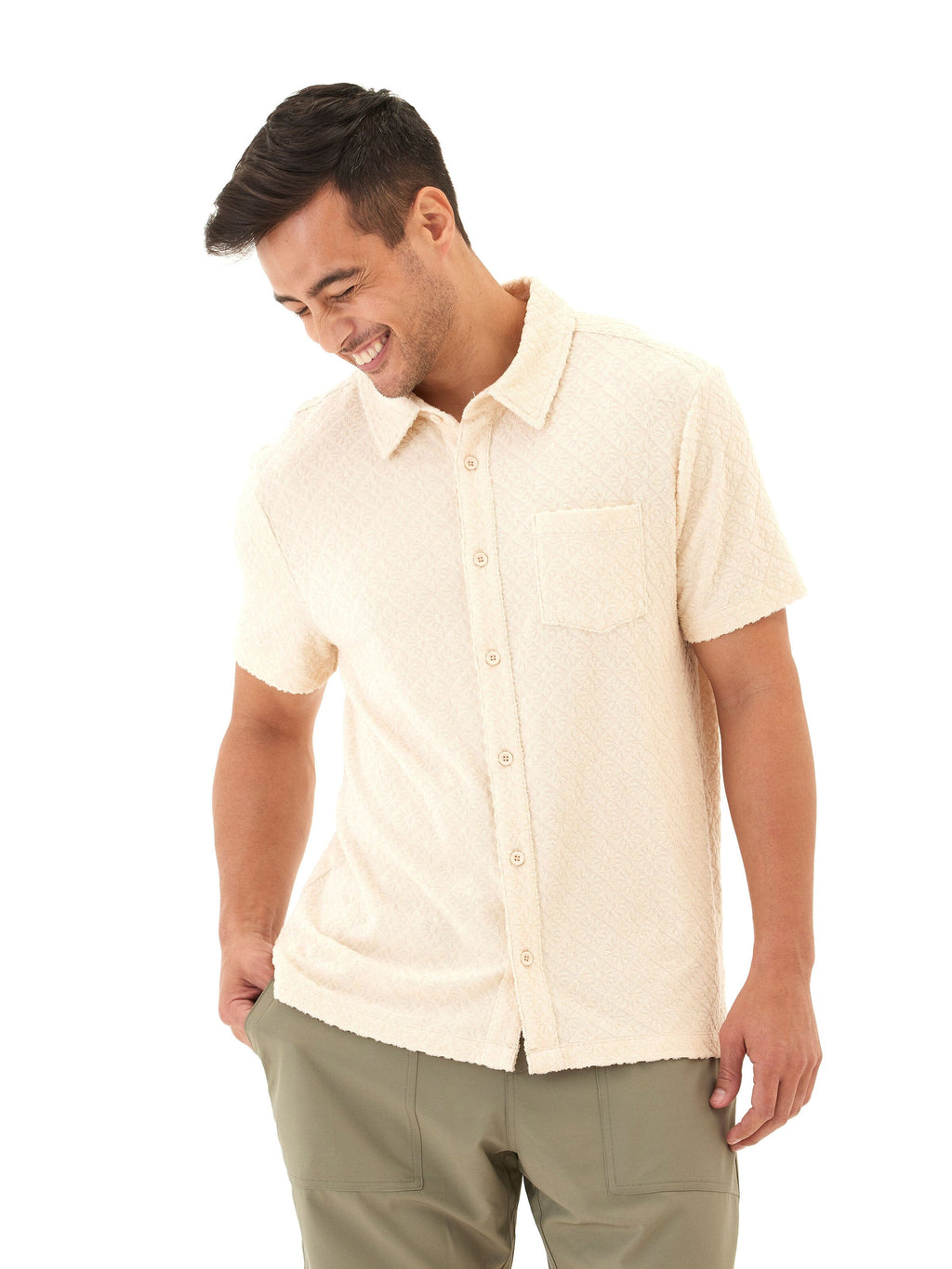 Paxton Jacquard Terry Button-Down Pocket Shirt in Cream and Beige