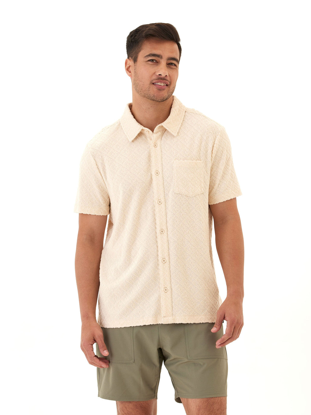 Paxton Jacquard Terry Button-Down Pocket Shirt in Cream and Beige