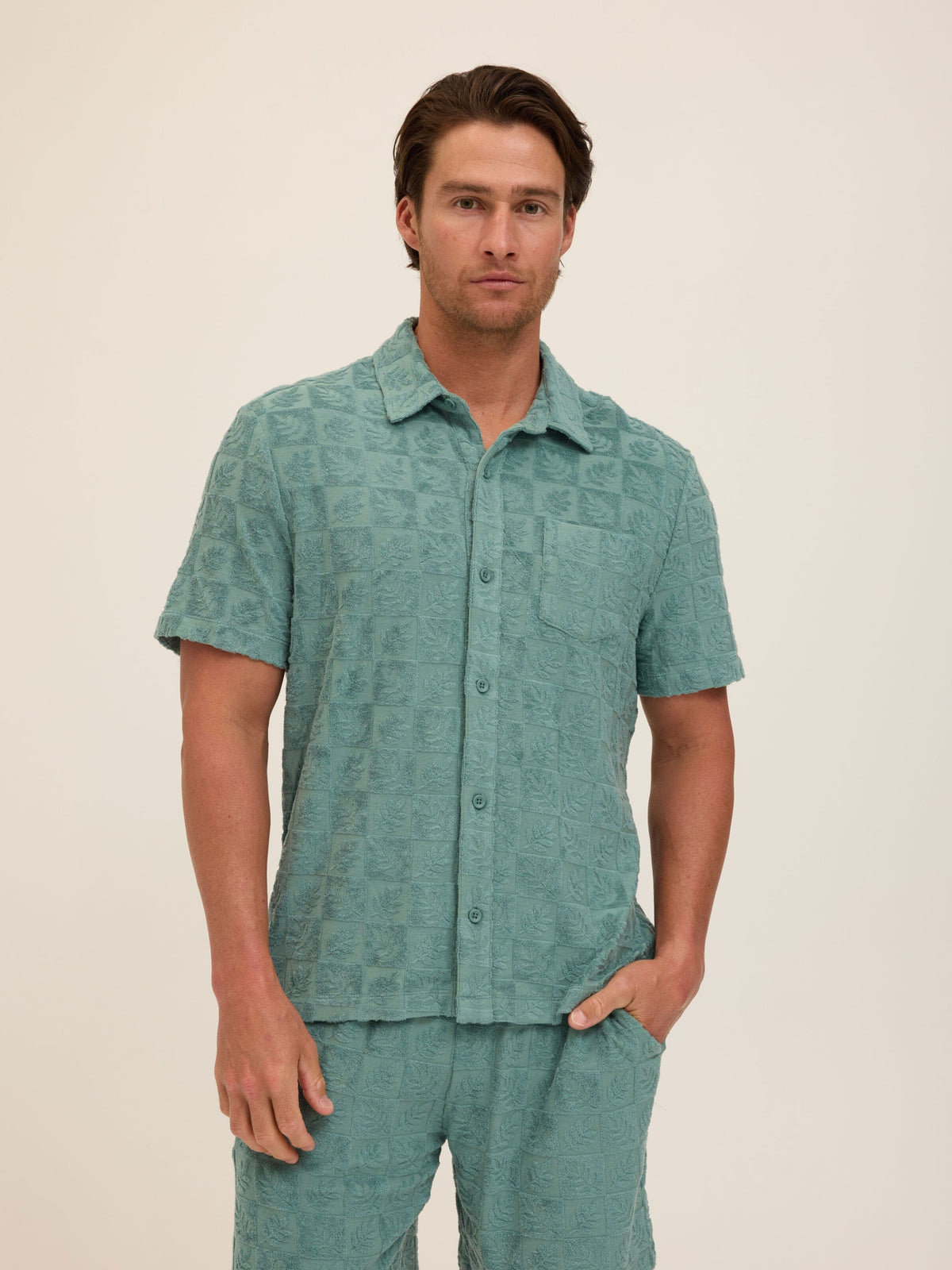 Paxton Tile Leaf Jacquard Terry Button-Down Pocket Shirt