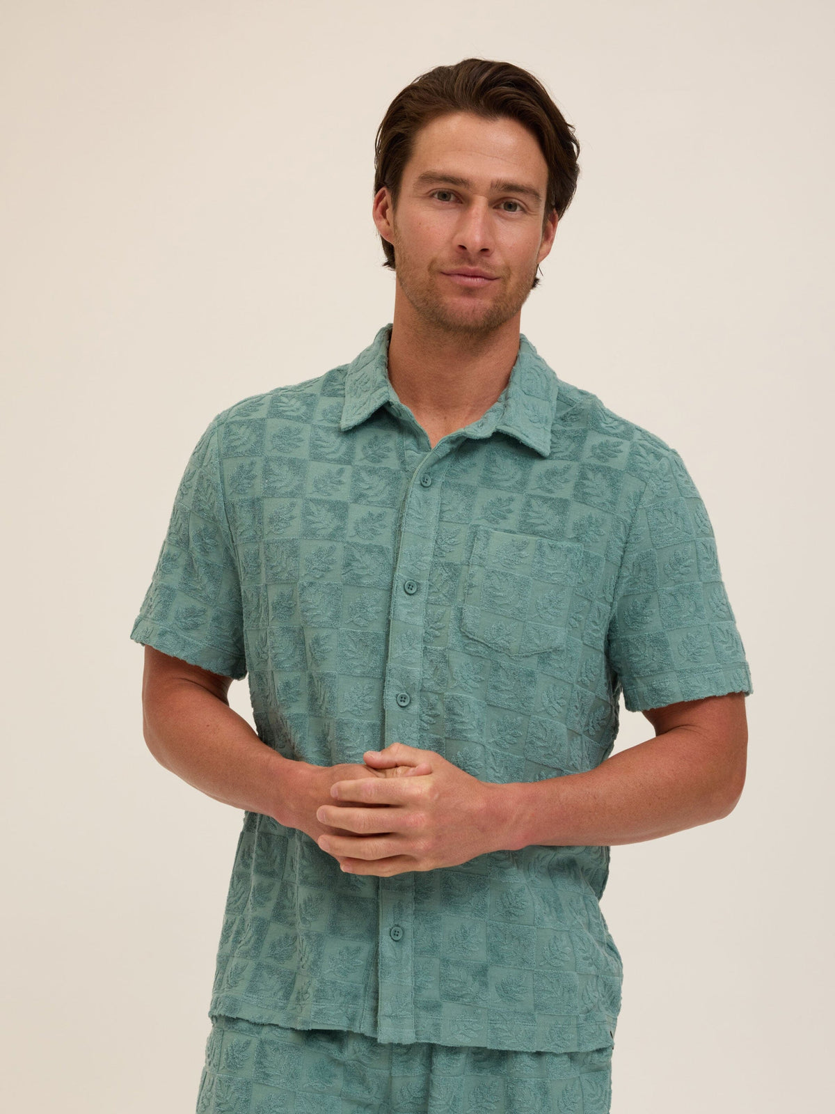 Paxton Tile Leaf Jacquard Terry Button-Down Pocket Shirt