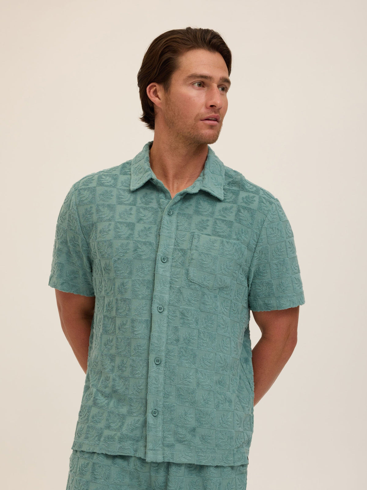 Paxton Tile Leaf Jacquard Terry Button-Down Pocket Shirt