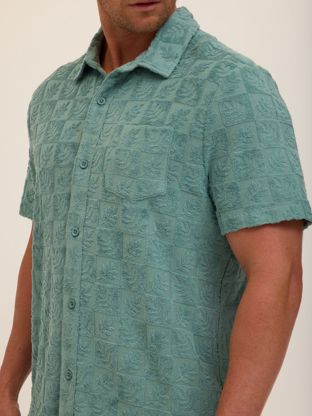 Paxton Tile Leaf Jacquard Terry Button-Down Pocket Shirt