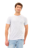 Close up of Soloman Slub Linen Short Sleeve Crew Tee showing the textured linen fabric and crew neckline.