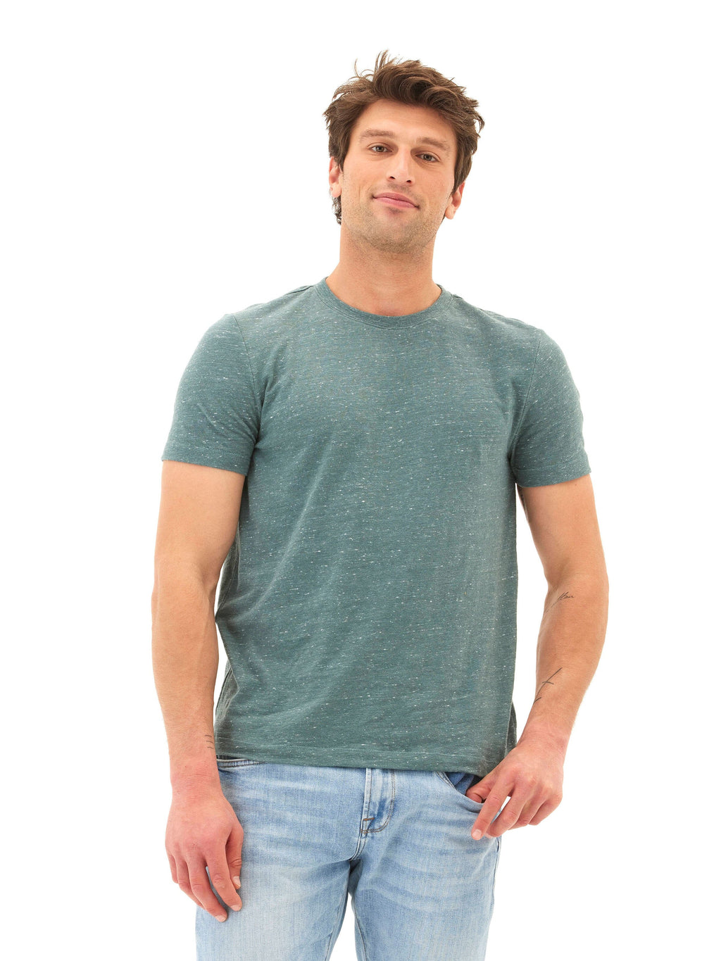Close up of Soloman Slub Linen Short Sleeve Crew Tee showing the textured linen fabric and crew neckline.