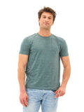 Close up of Soloman Slub Linen Short Sleeve Crew Tee showing the textured linen fabric and crew neckline.