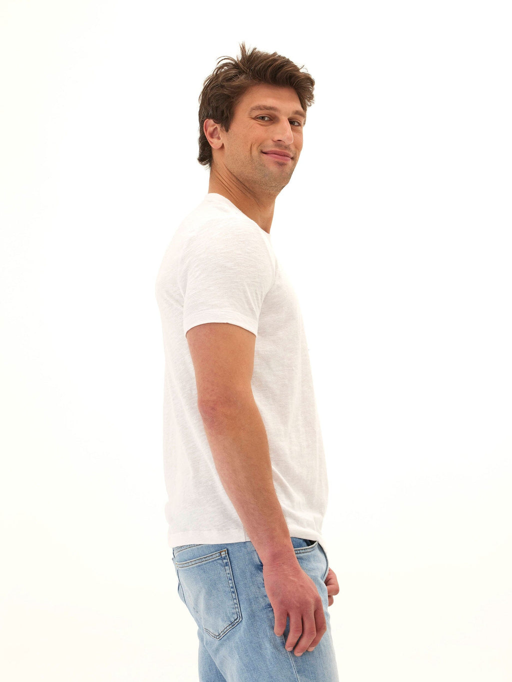 Men's Slub Linen Short Sleeve Crew Tee in White and Off-White