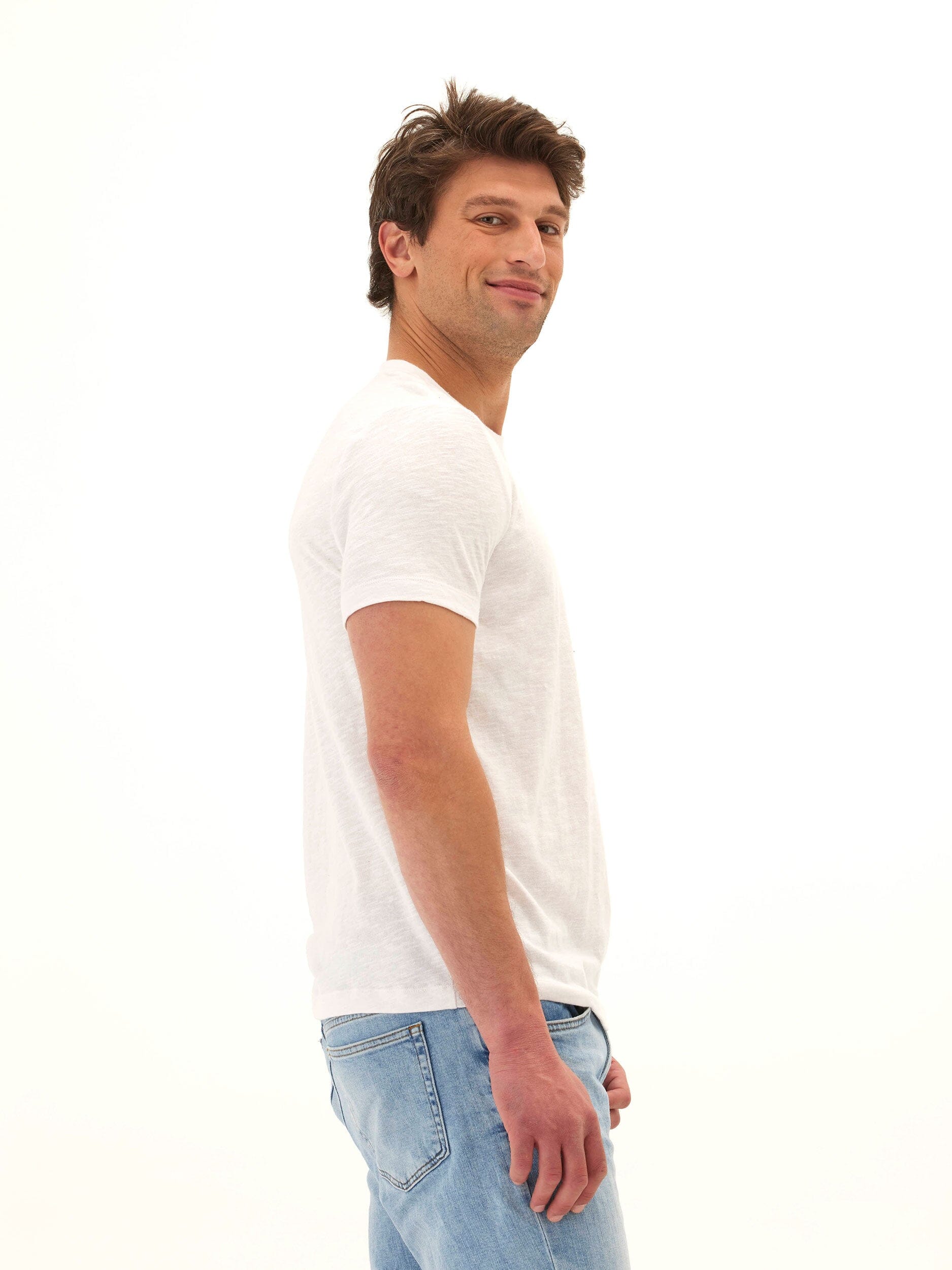 Men's Slub Linen Short Sleeve Crew Tee in White and Off-White