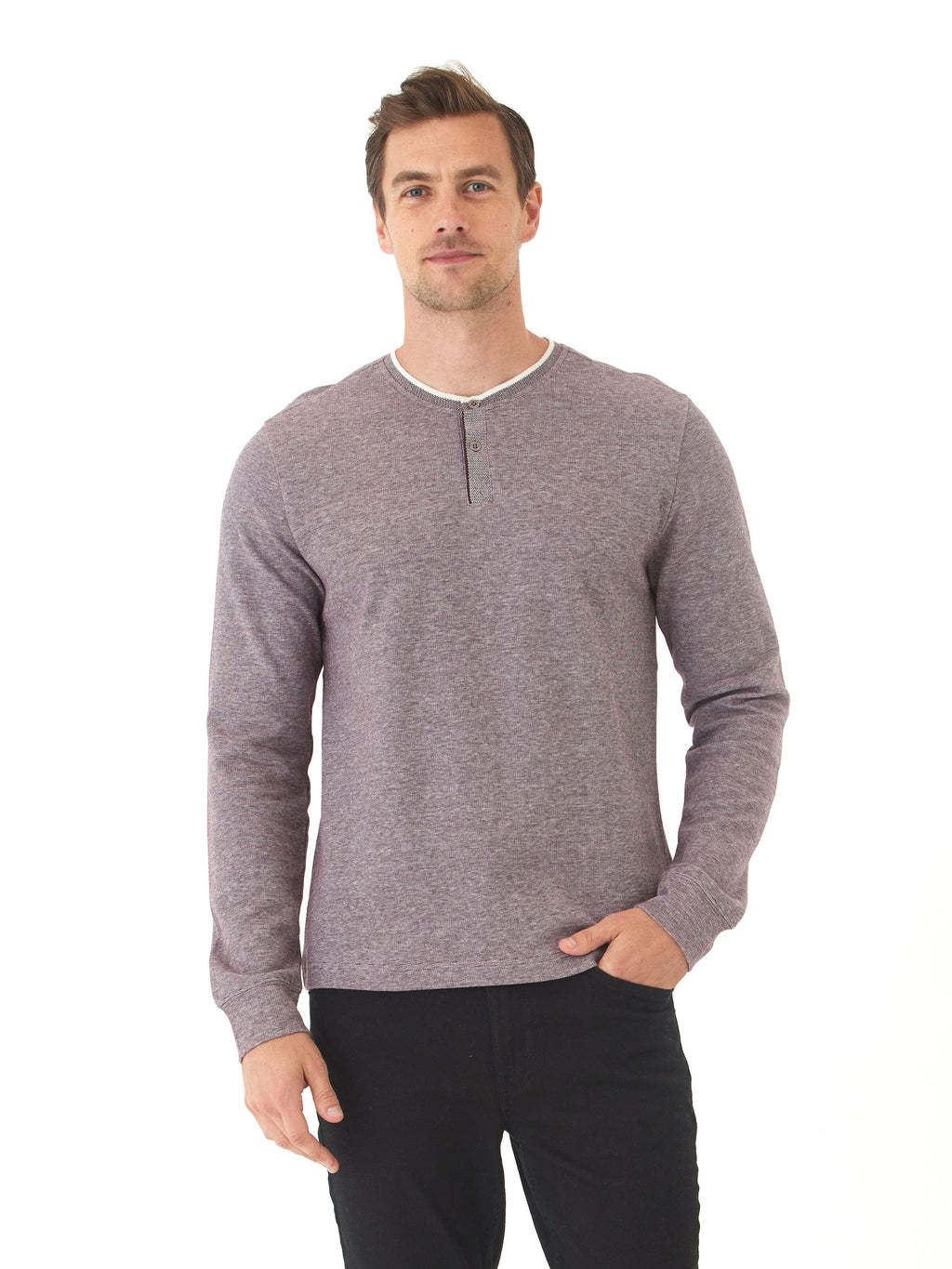 Men wearing a solid maroon Charles Eco Double Knit Henley with a three-button placket and ribbed cuffs.
