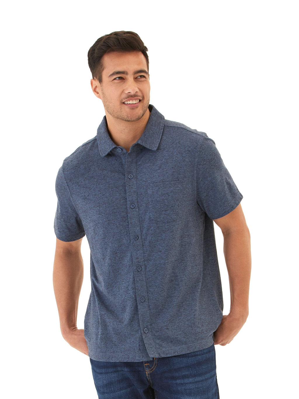 Close up of the Paxton black fleck triblend button-down shirt featuring a chest pocket and soft textured fabric.