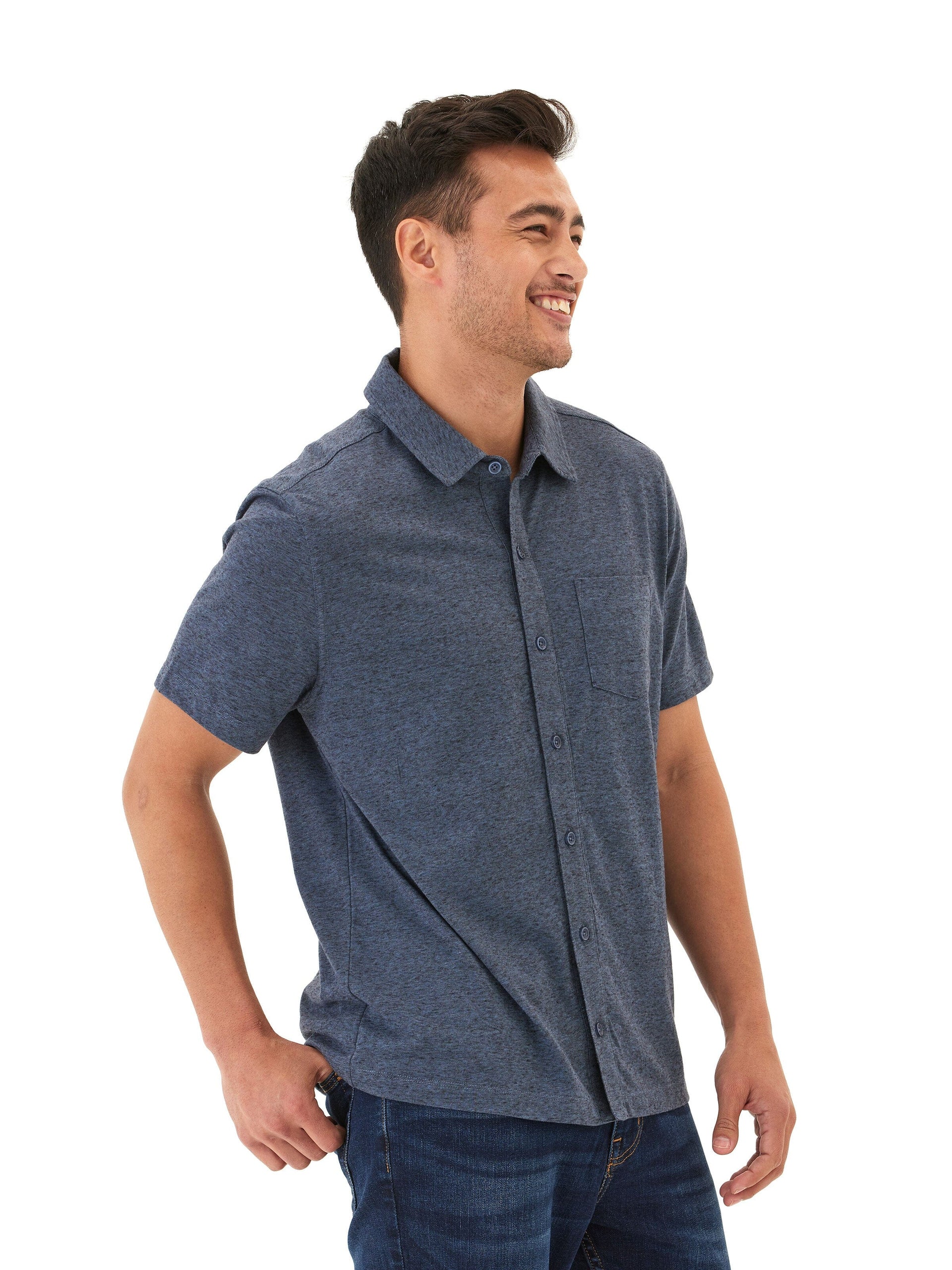 Black Fleck Triblend Short Sleeve Button-Down Shirt with Pocket
