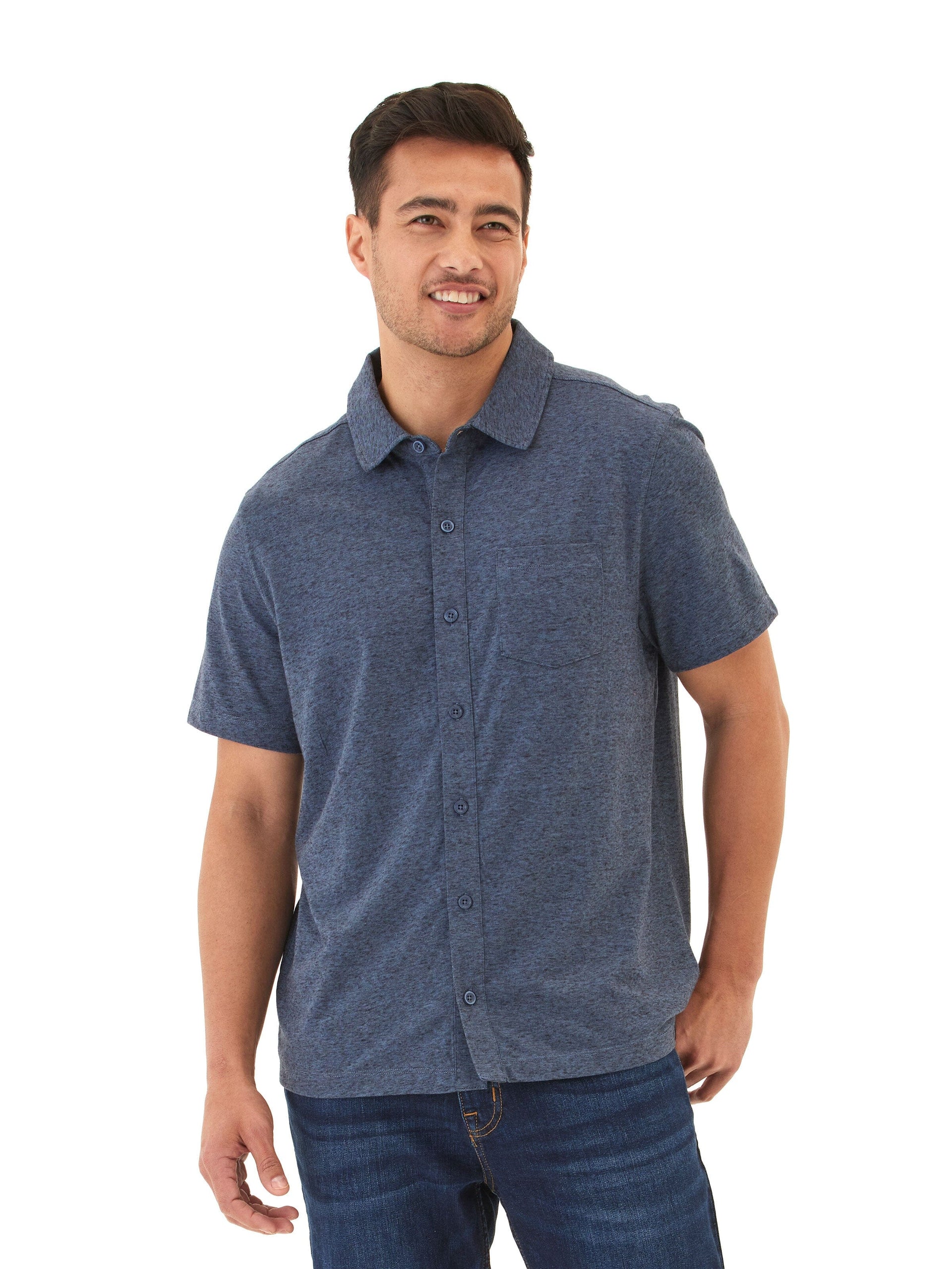 Black Fleck Triblend Short Sleeve Button-Down Shirt with Pocket