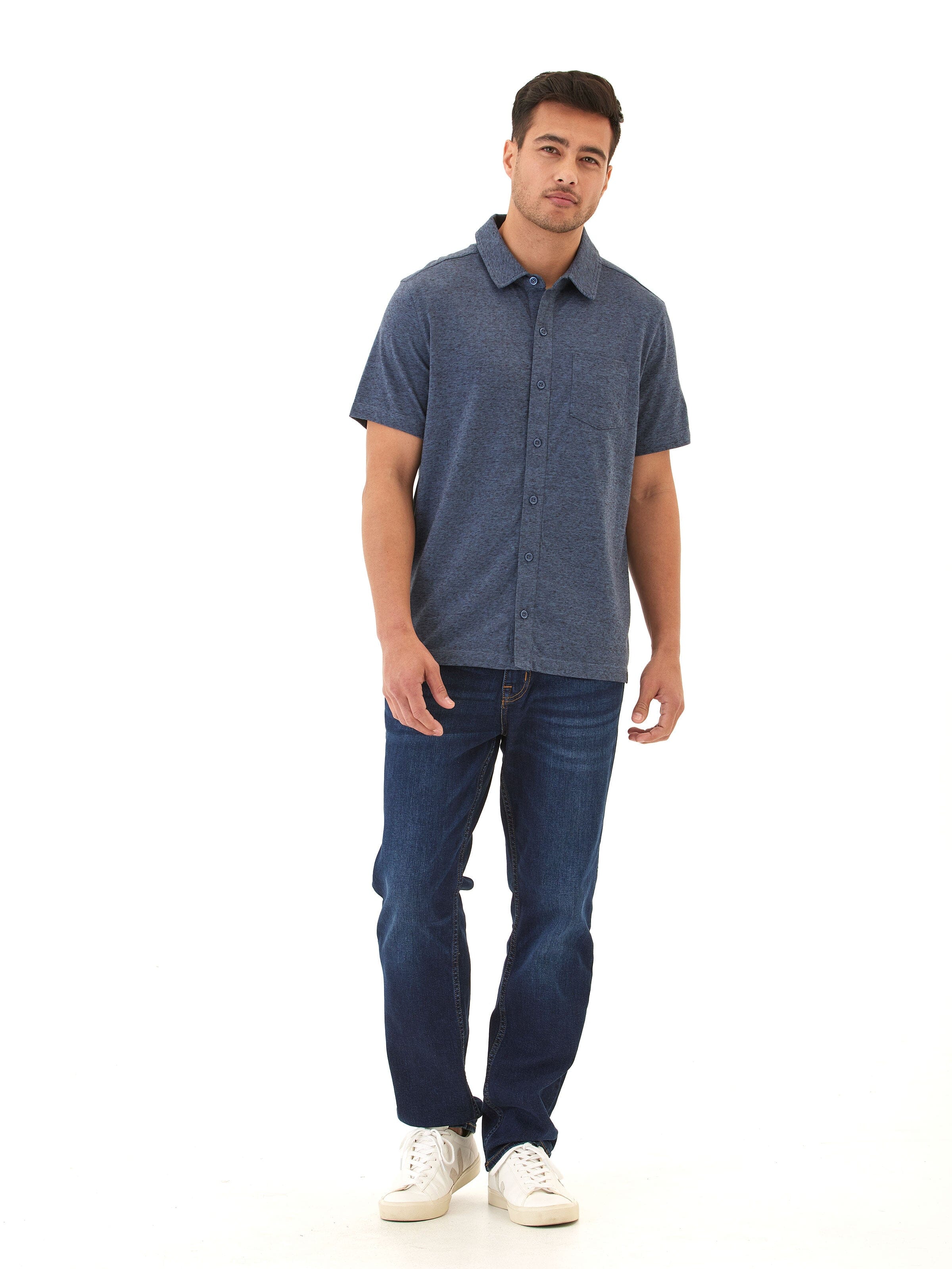 Black Fleck Triblend Short Sleeve Button-Down Shirt with Pocket