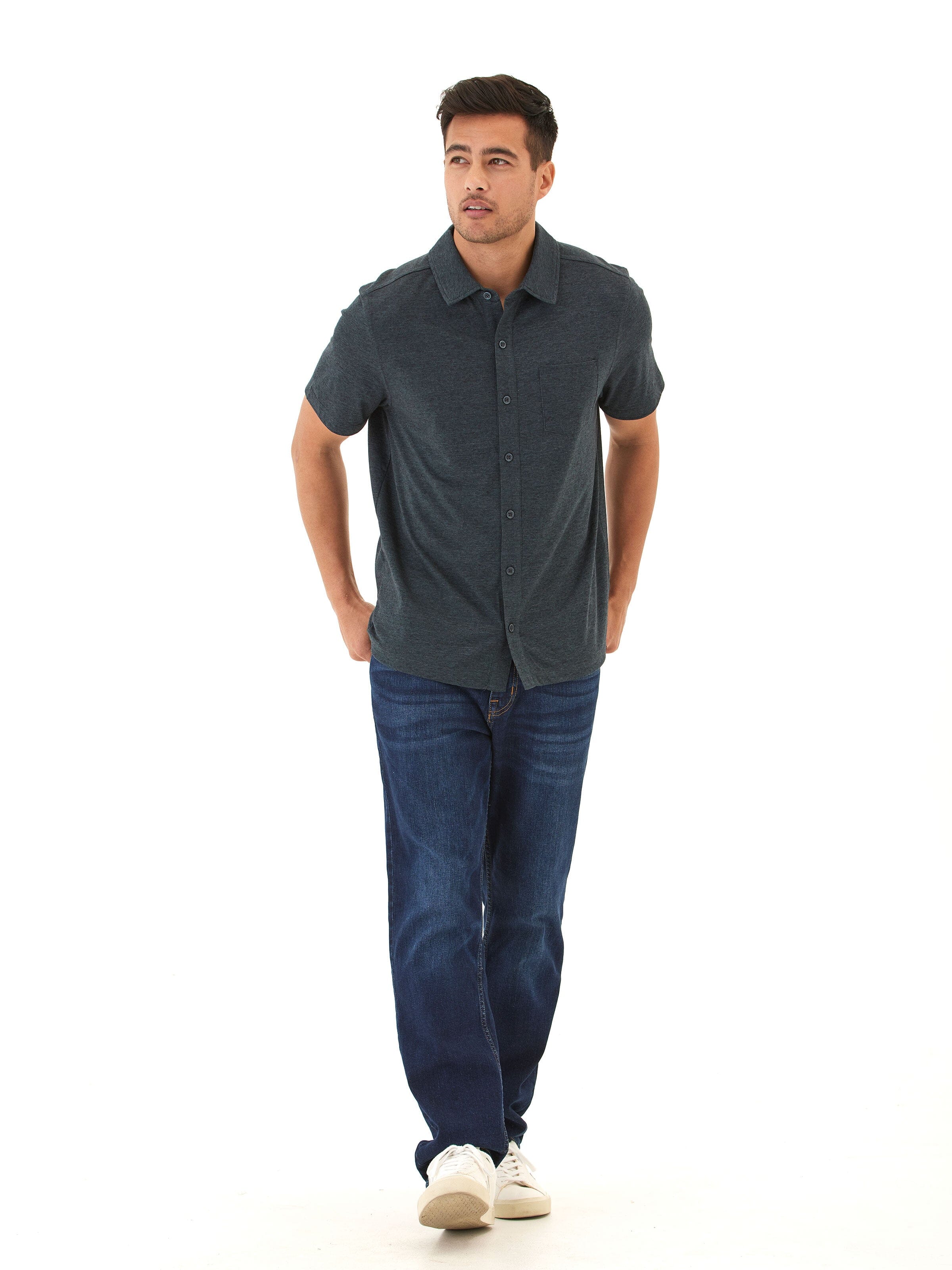 Black Fleck Triblend Short Sleeve Button-Down Shirt with Pocket