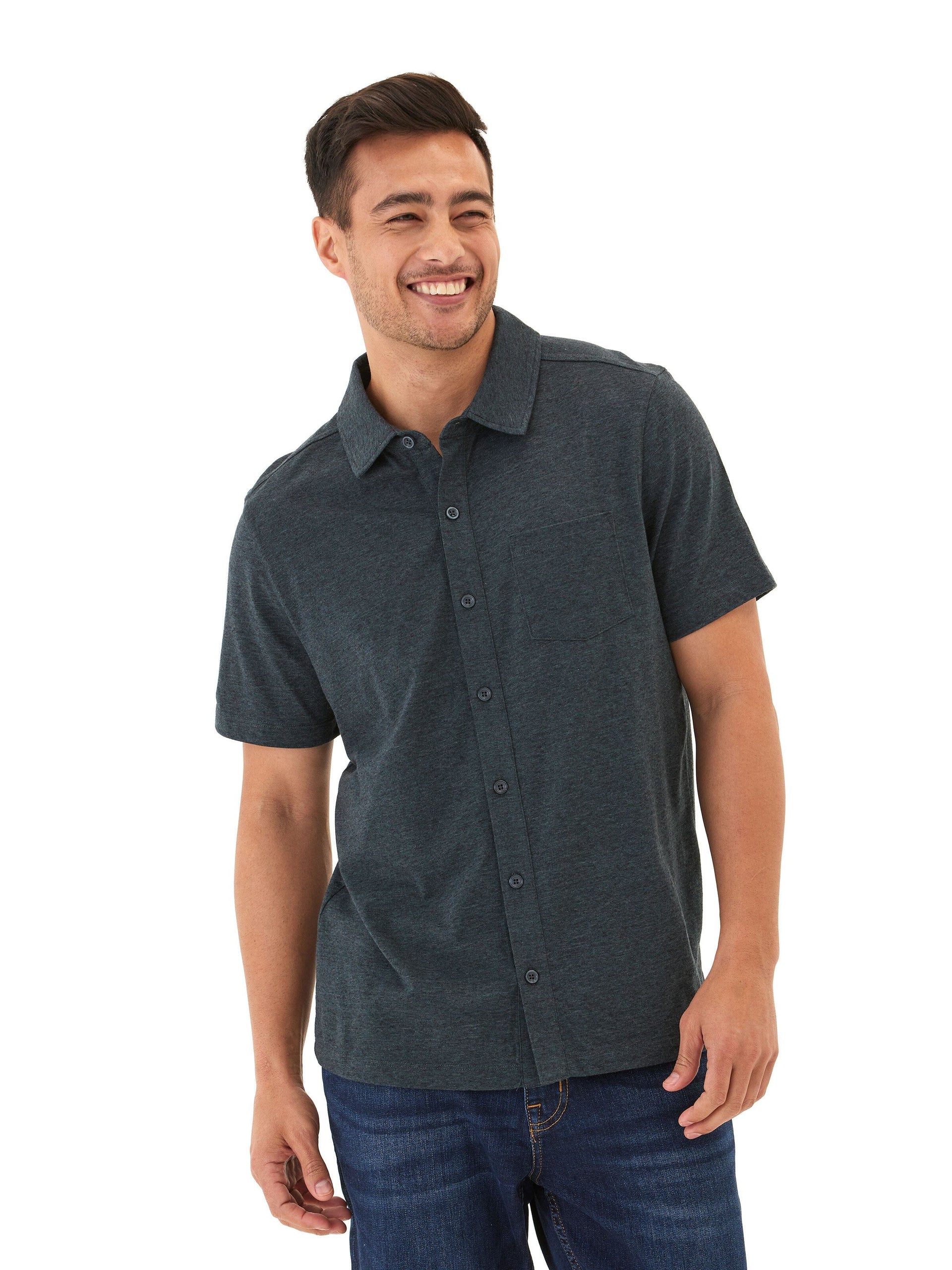 Close up of the Paxton black fleck triblend button-down shirt featuring a chest pocket and soft textured fabric.