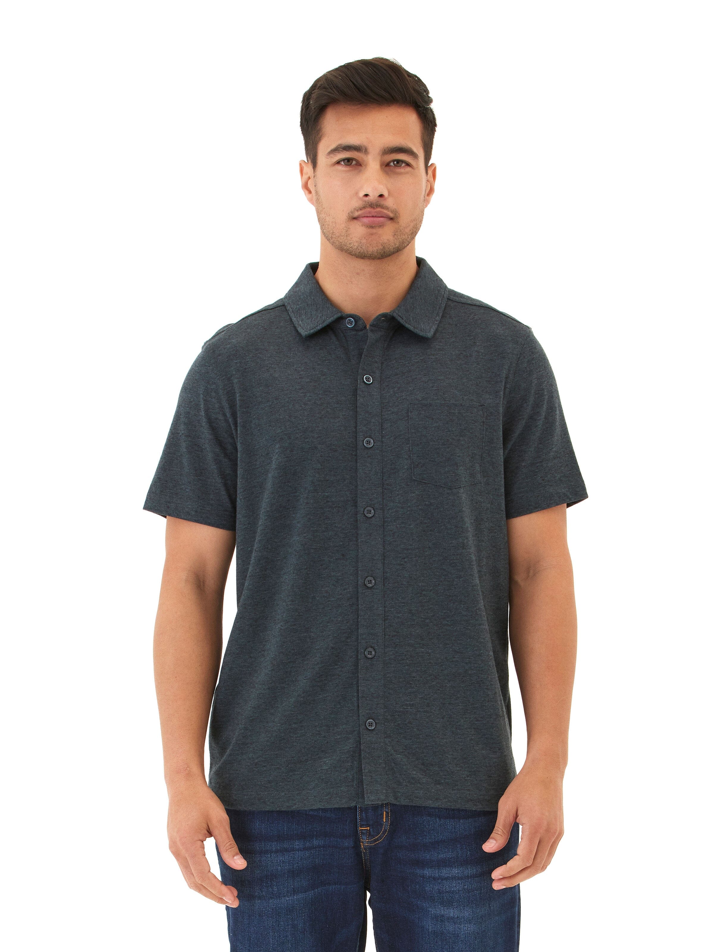Black Fleck Triblend Short Sleeve Button-Down Shirt with Pocket