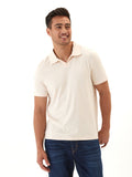 Close-up view of the Jared Luxe Jersey Short Sleeve Polo showing the open placket and soft fabric texture