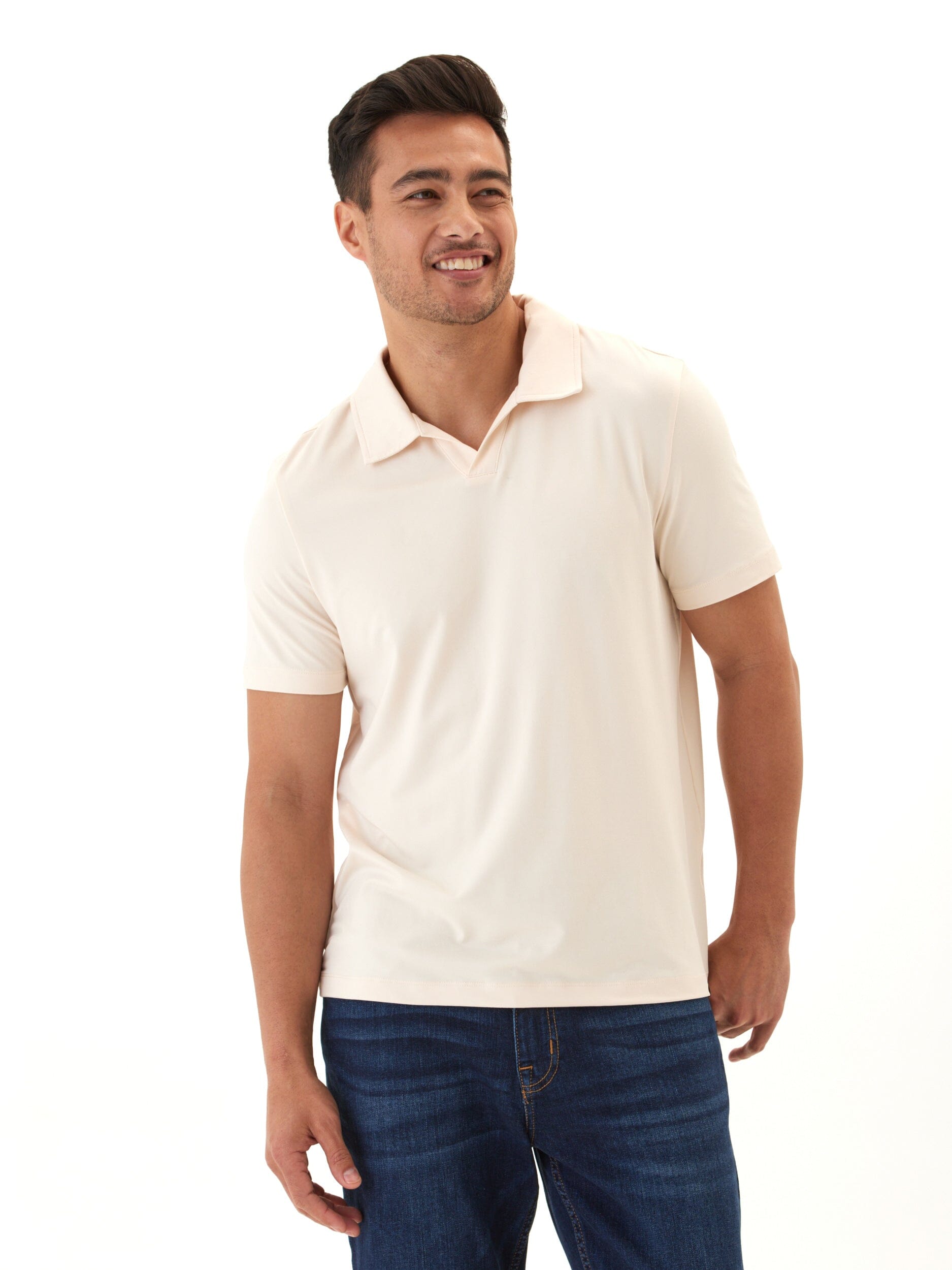 Close-up view of the Jared Luxe Jersey Short Sleeve Polo showing the open placket and soft fabric texture