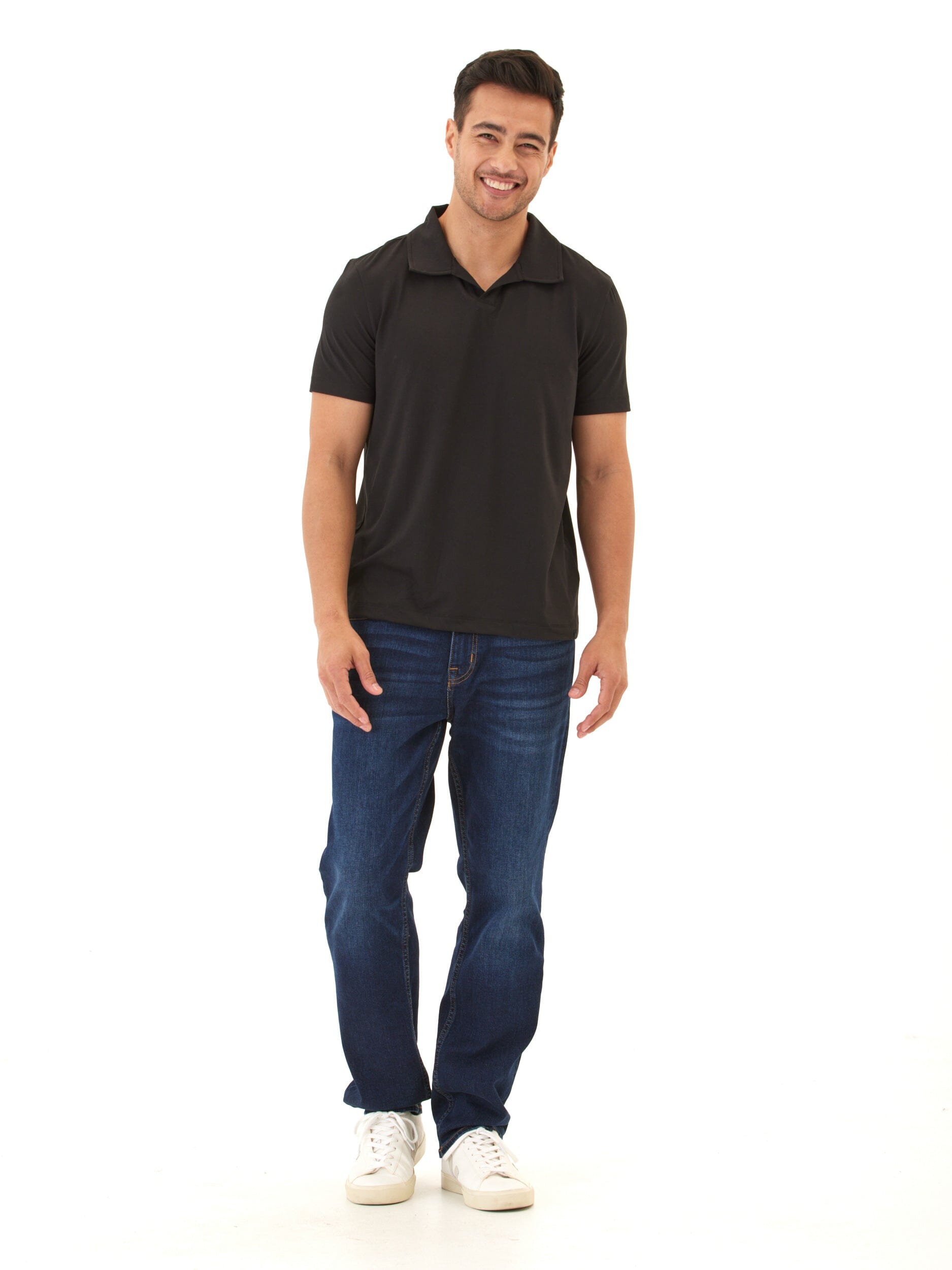 Men's Black Luxe Jersey Short Sleeve Polo with Open Placket