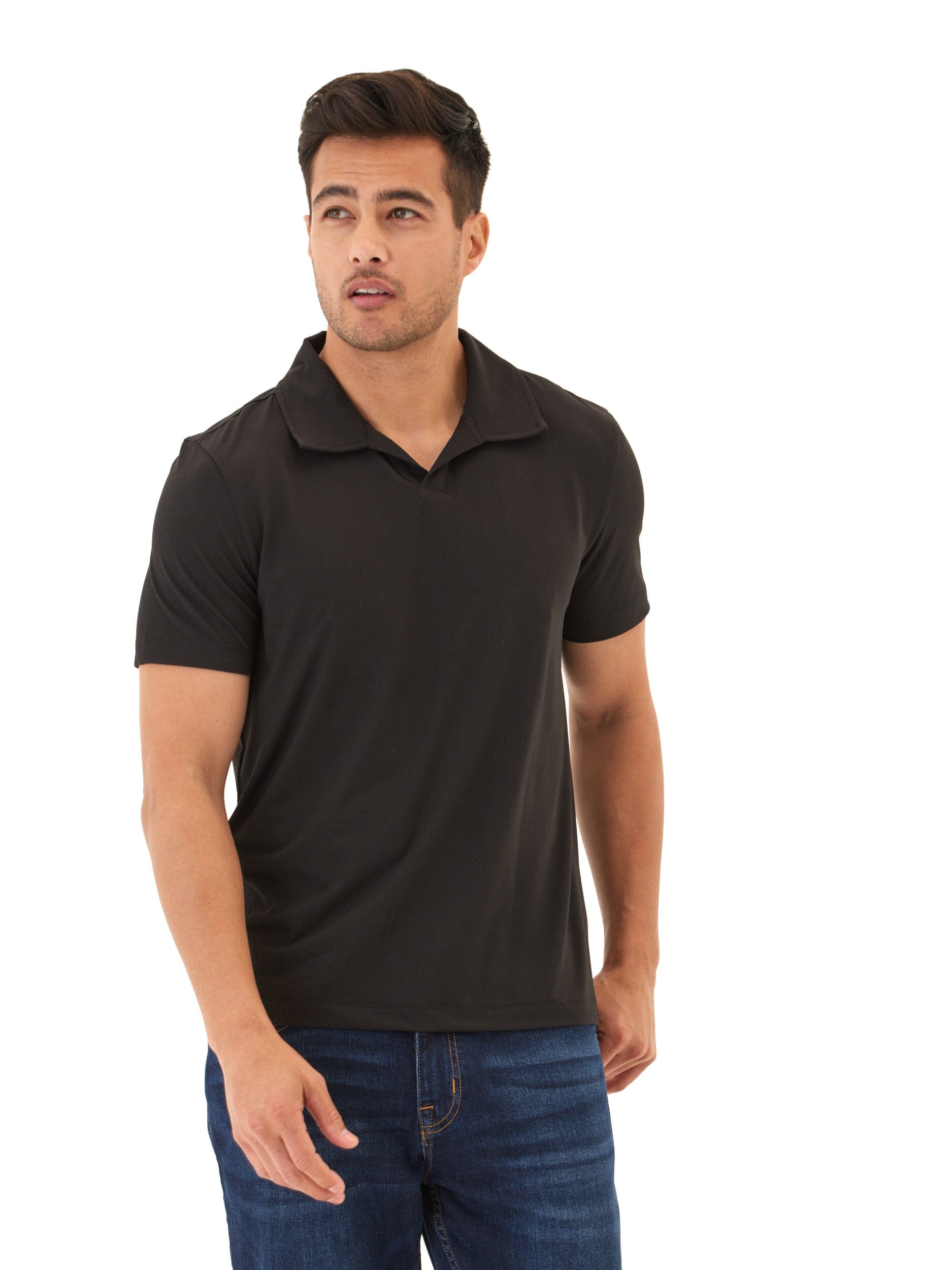 Men's Black Luxe Jersey Short Sleeve Polo with Open Placket