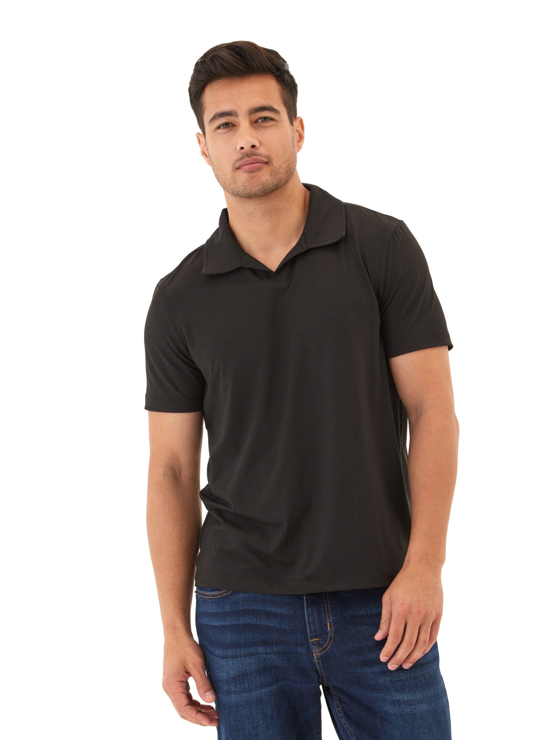 A close-up of a men's black short-sleeve polo featuring a modern open placket and clean collar design.