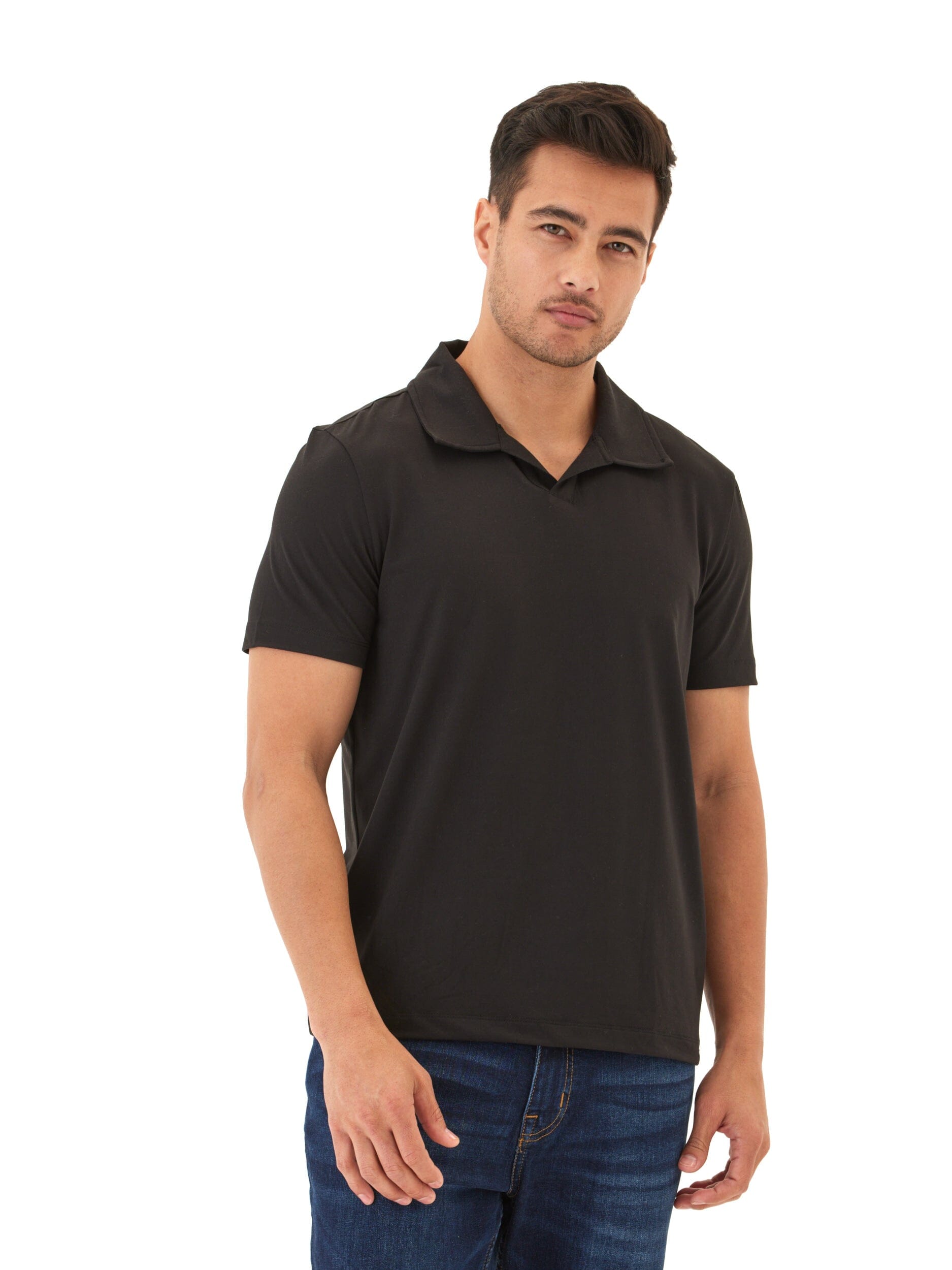 Men's Black Luxe Jersey Short Sleeve Polo with Open Placket
