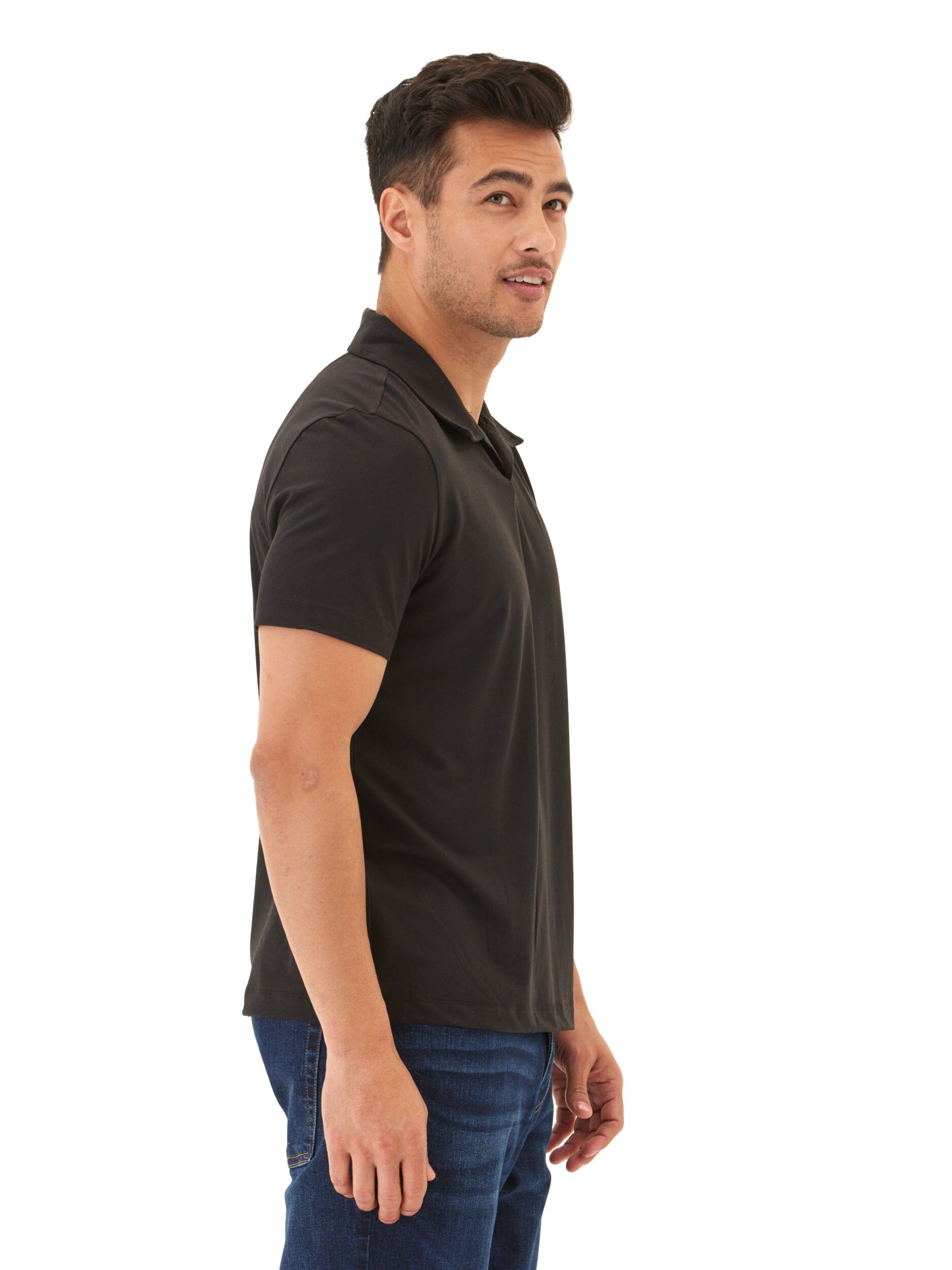 Men's Black Luxe Jersey Short Sleeve Polo with Open Placket