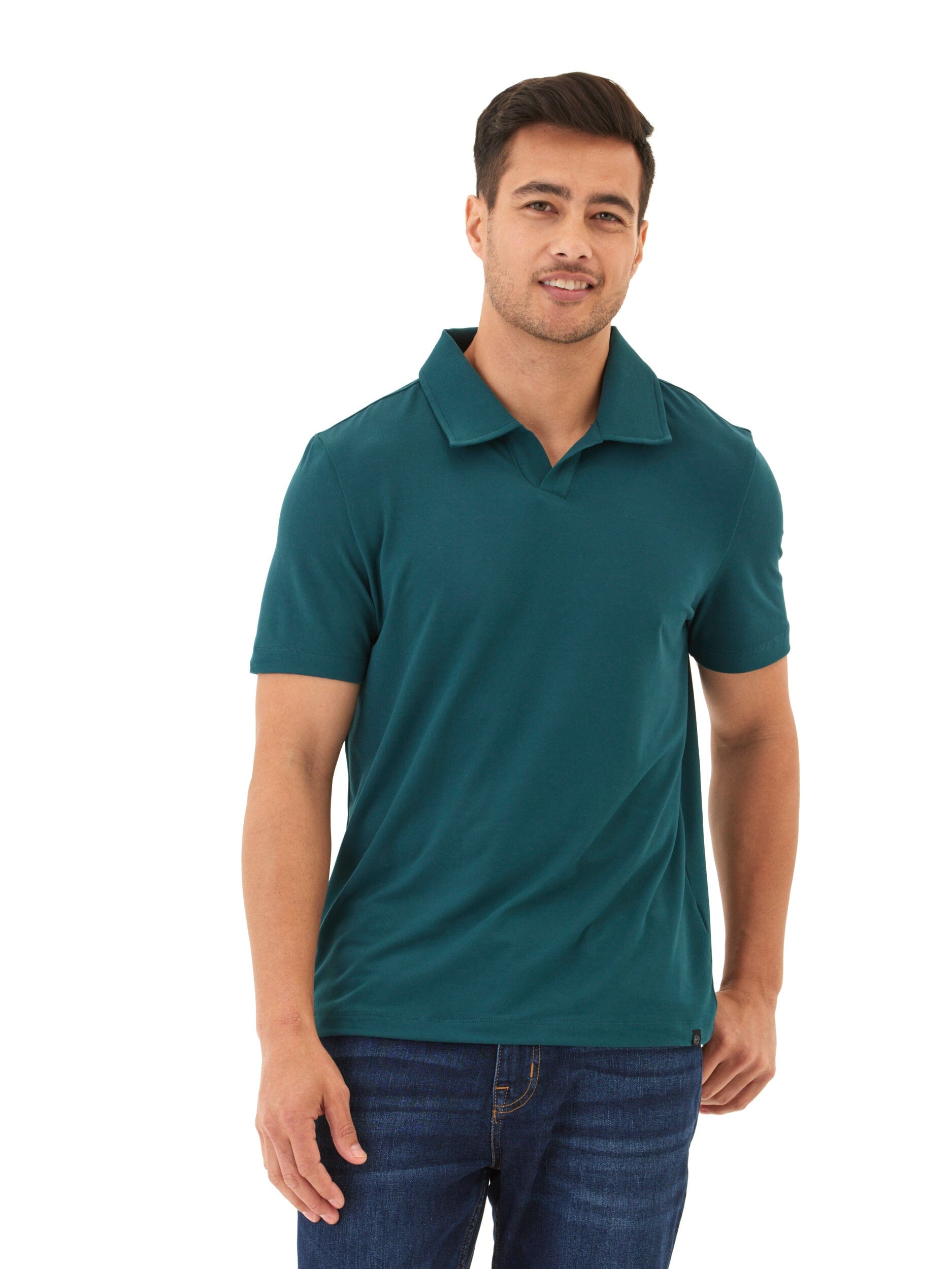 A men's teal dark-green short-sleeve polo shirt showcasing a clean collar and open placket design.