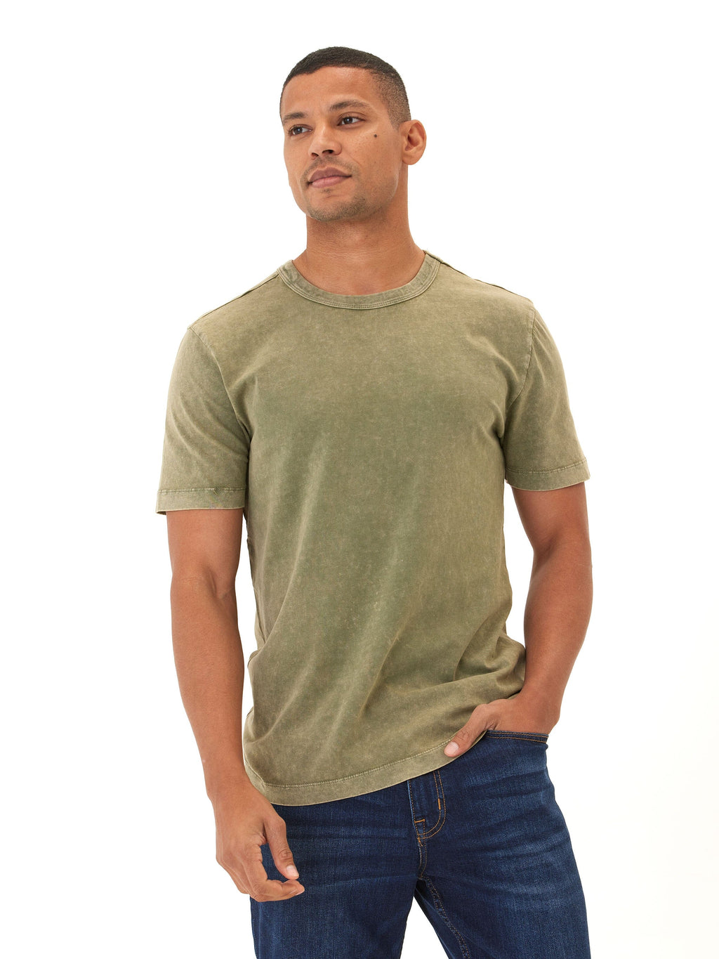 Close up of the Shawn Mineral Wash Eco Cotton Jersey Crew Tee showing the soft texture and mineral wash finish.