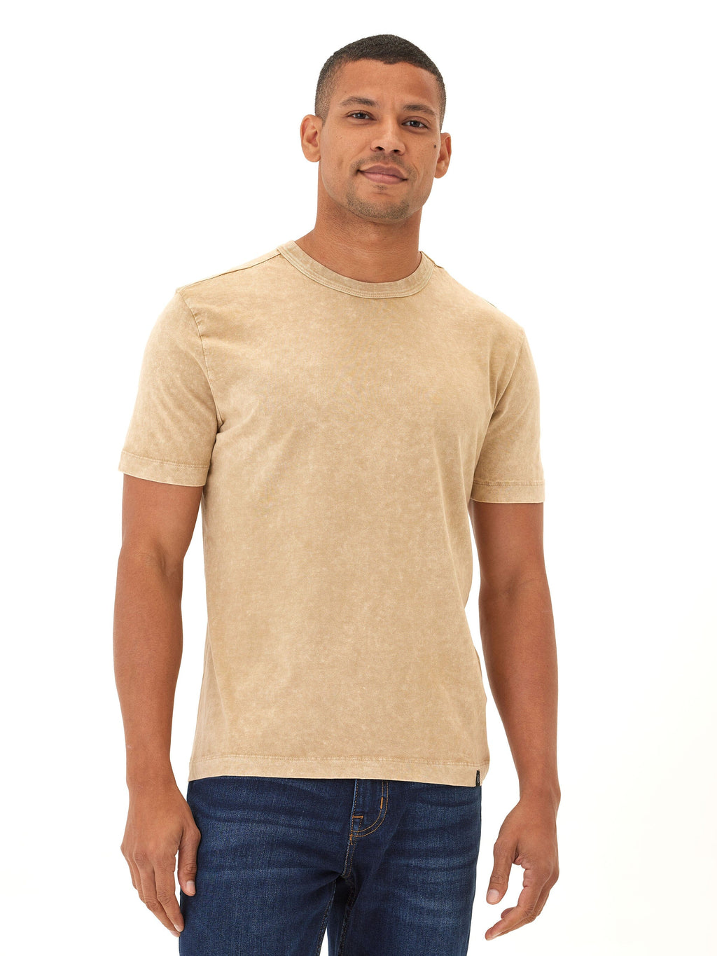 The Shawn Mineral Wash Eco Cotton Jersey Crew Tee in Tan showing the soft texture and washed-down finish