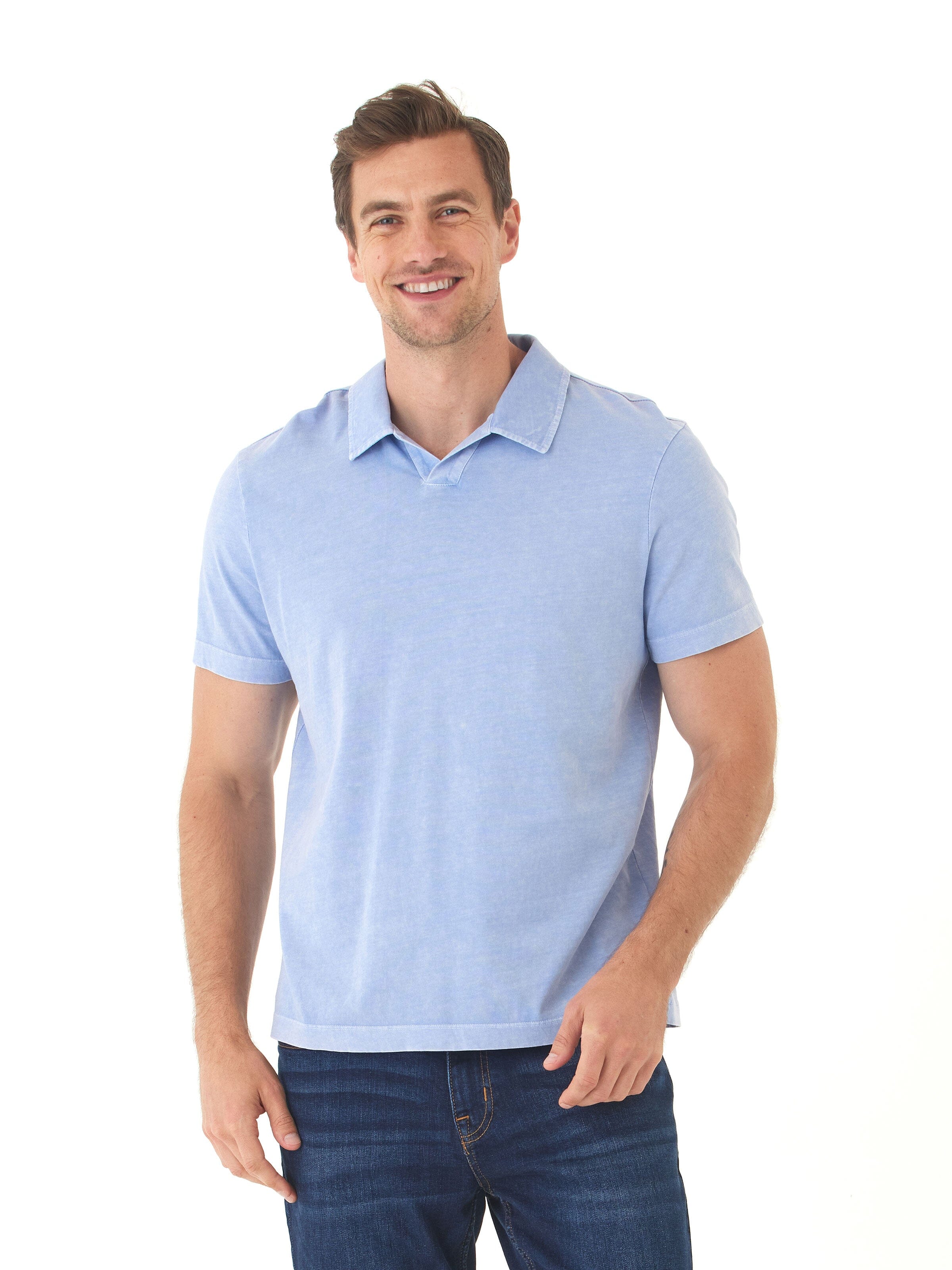 Close up of Jared light blue mineral wash cotton jersey polo with raw edge detail