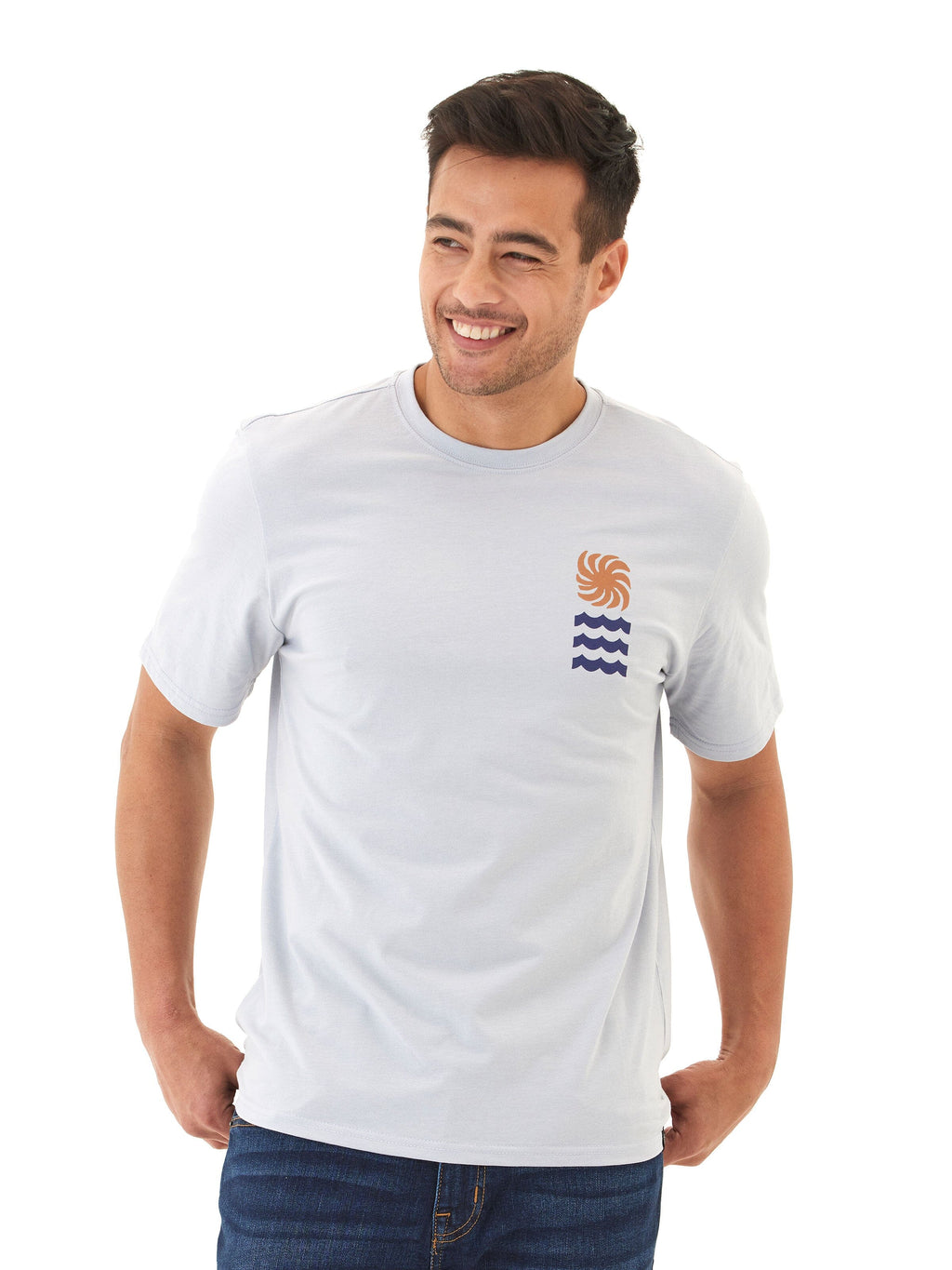 A man wearing a soft wash graphic tee in light blue, showing a casual and breathable fit.
