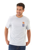 A man wearing a soft wash graphic tee in light blue, showing a casual and breathable fit.