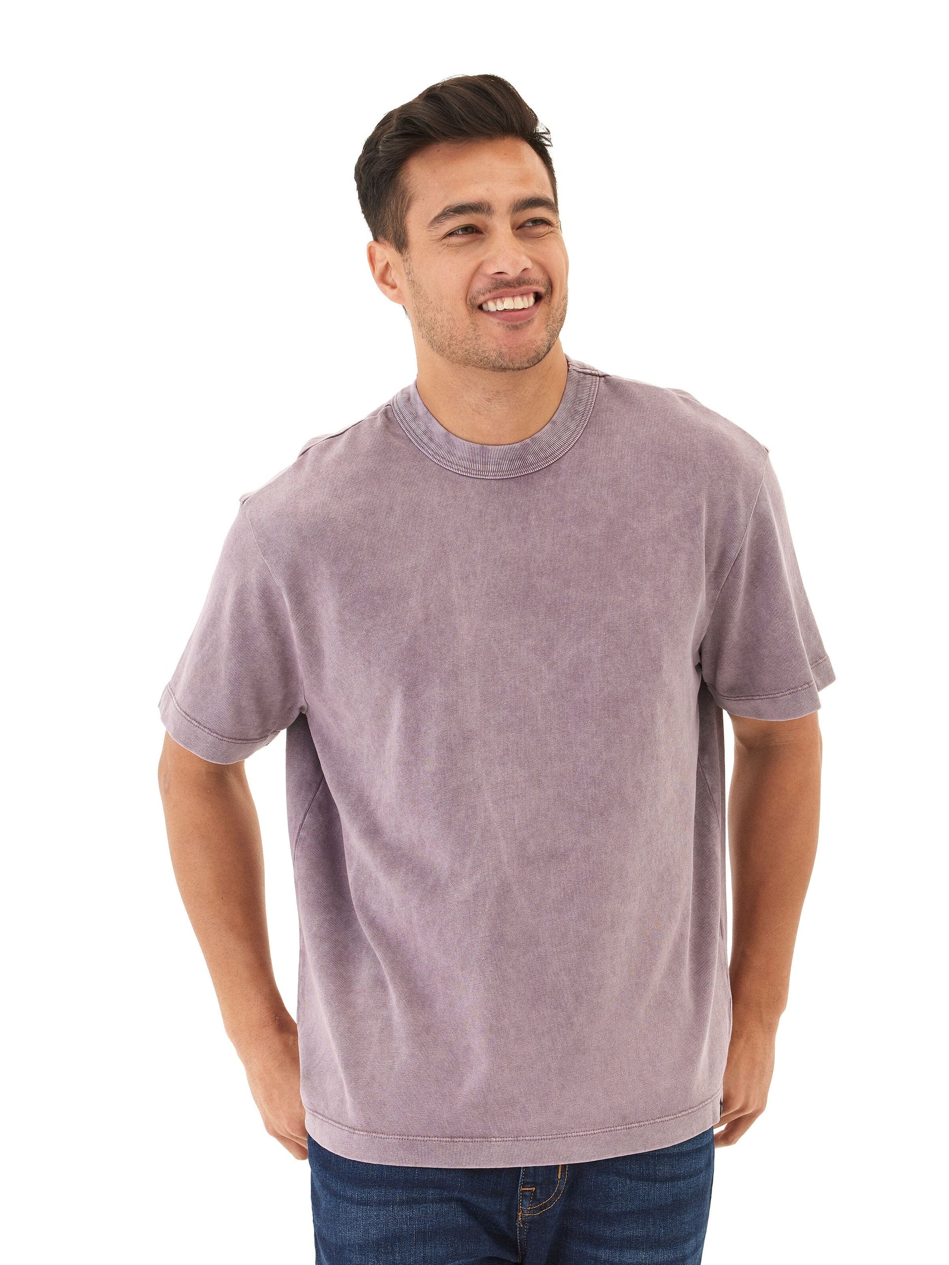 Front view of Johnny relaxed fit mineral wash tee in purple and grey colors