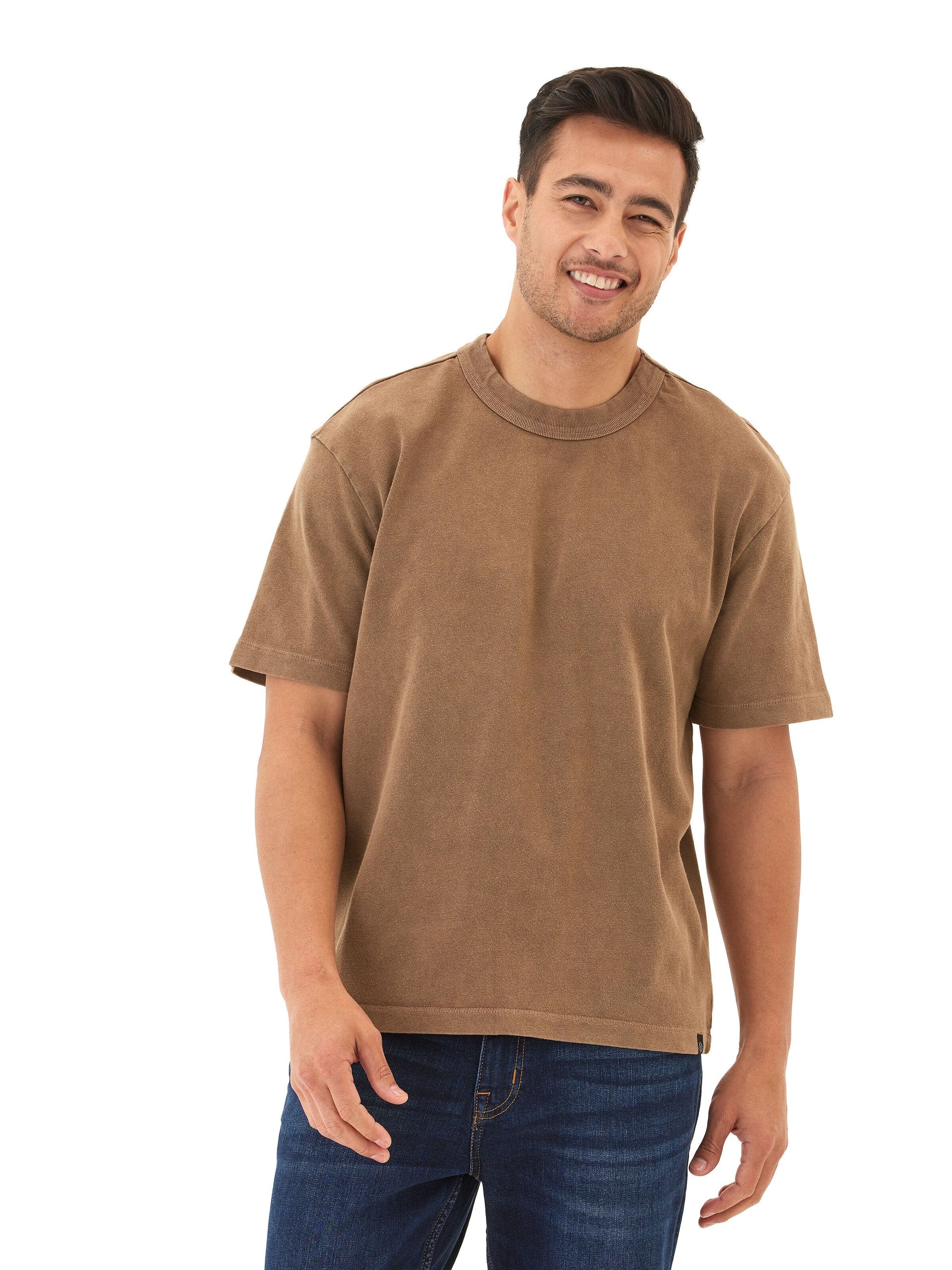 Front view of a Johnny relaxed fit tee in mineral wash heavyweight jersey with dropped shoulders.