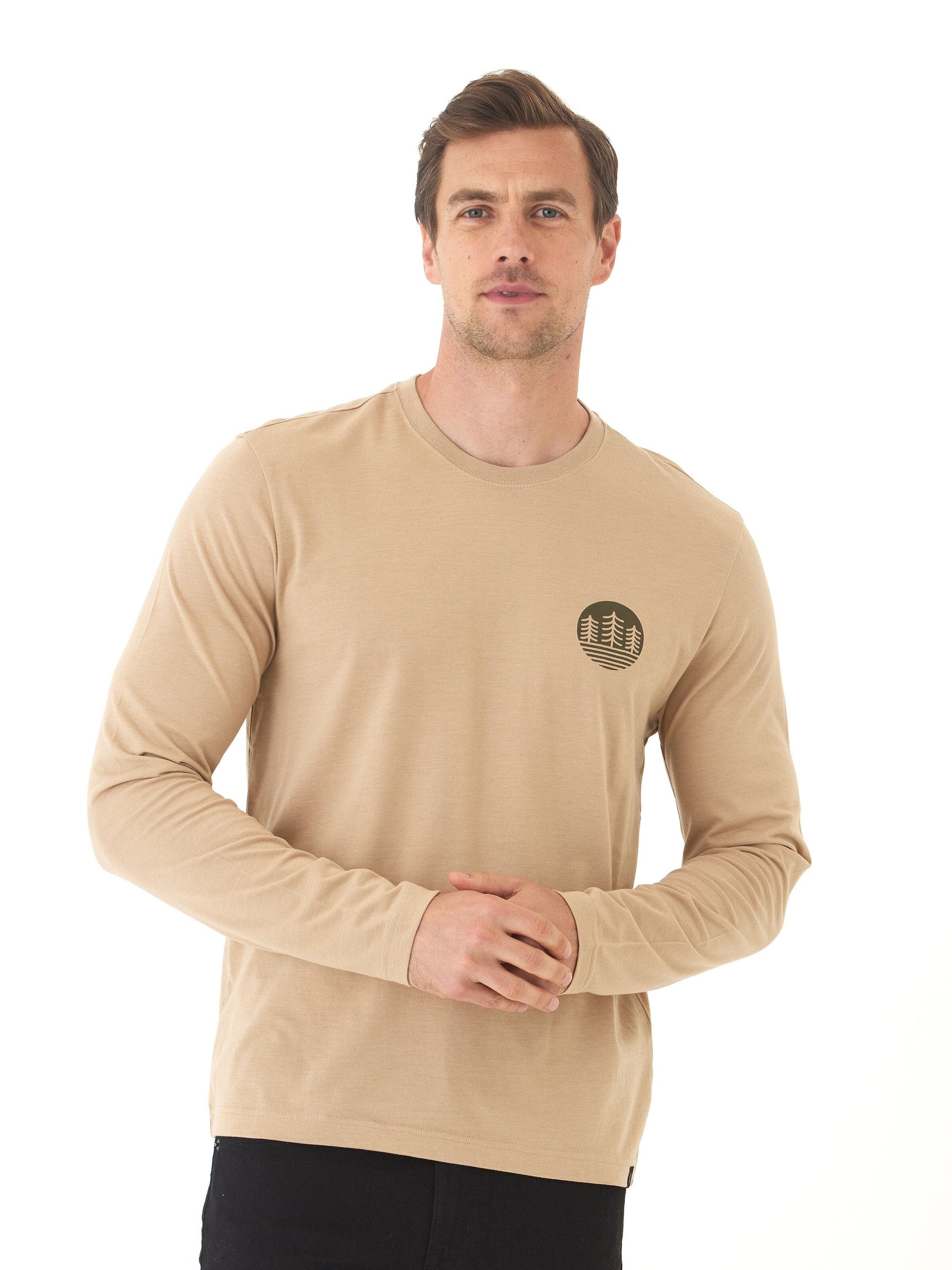 Soft wash long sleeve cotton tee in tan and dark green
