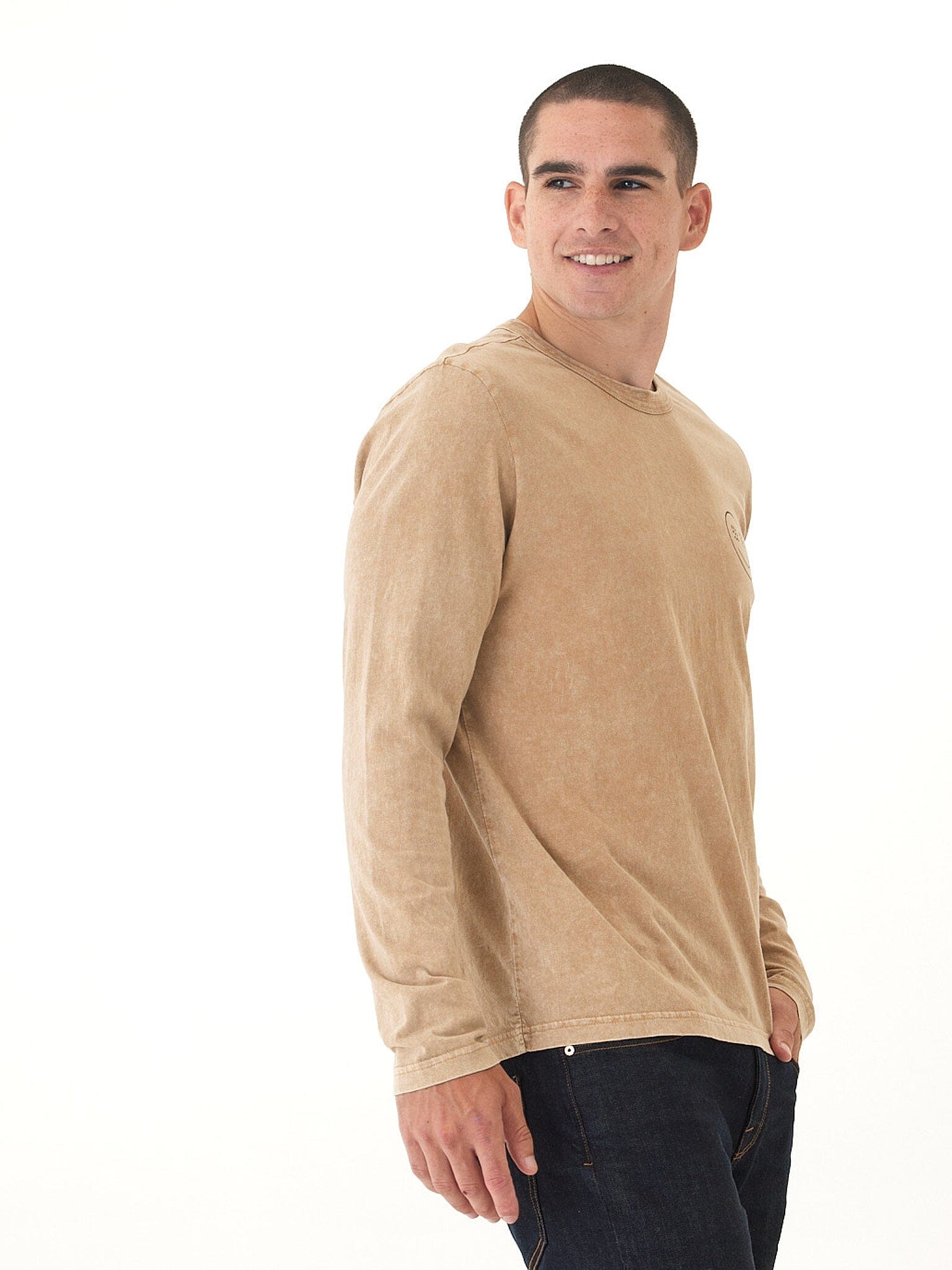 Mineral Wash Graphic Long Sleeve Tee in Tan and Brown
