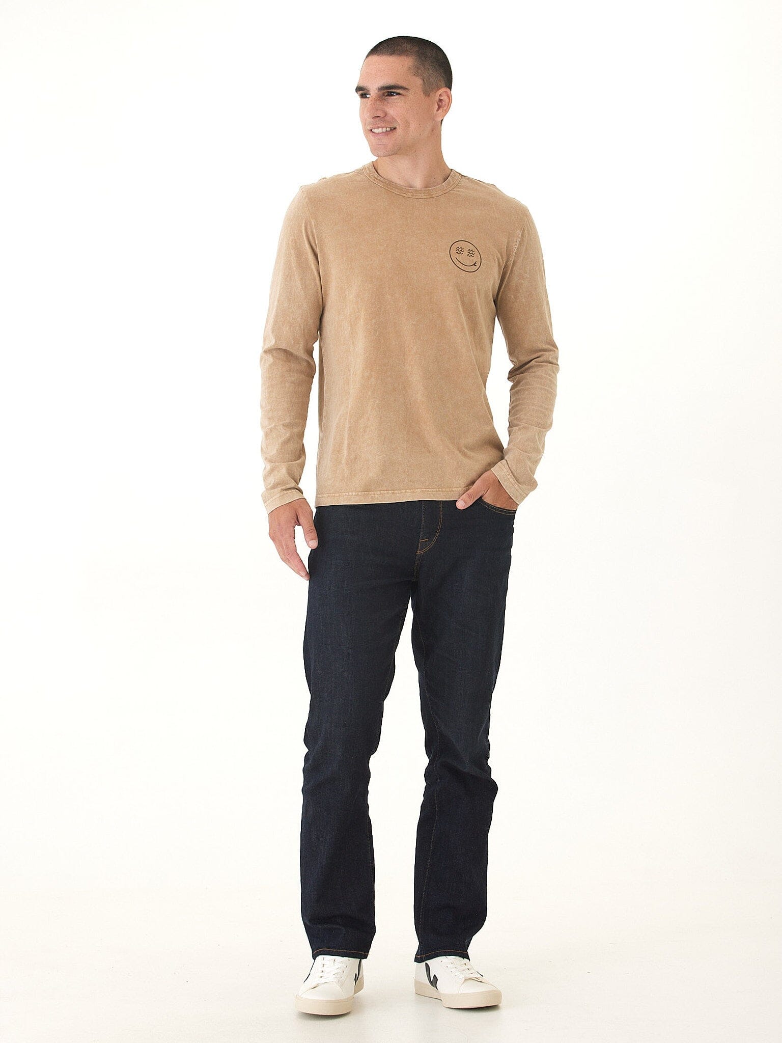 Mineral Wash Graphic Long Sleeve Tee in Tan and Brown