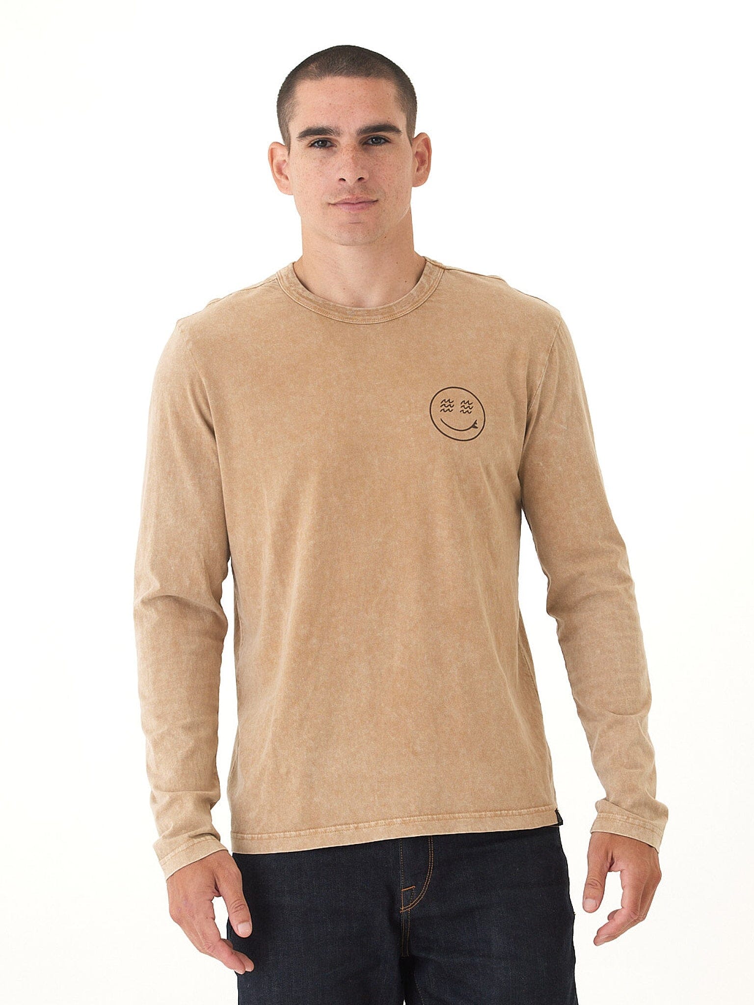 Mineral Wash Graphic Long Sleeve Tee in Tan and Brown
