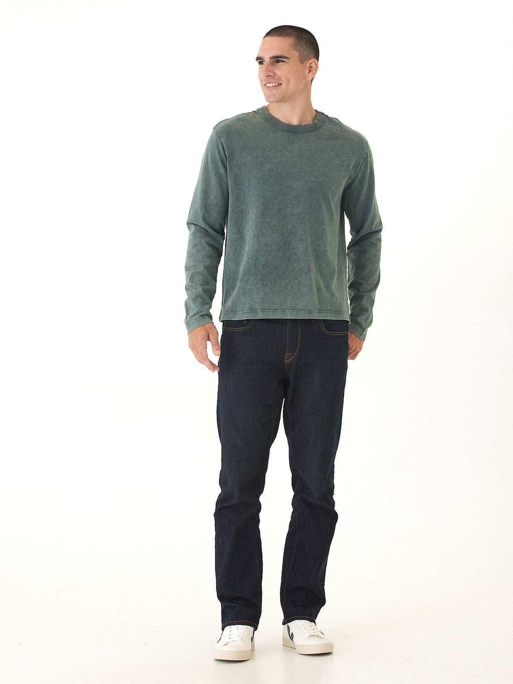 Relaxed Fit Mineral Wash Long Sleeve Crewneck Tee for Men