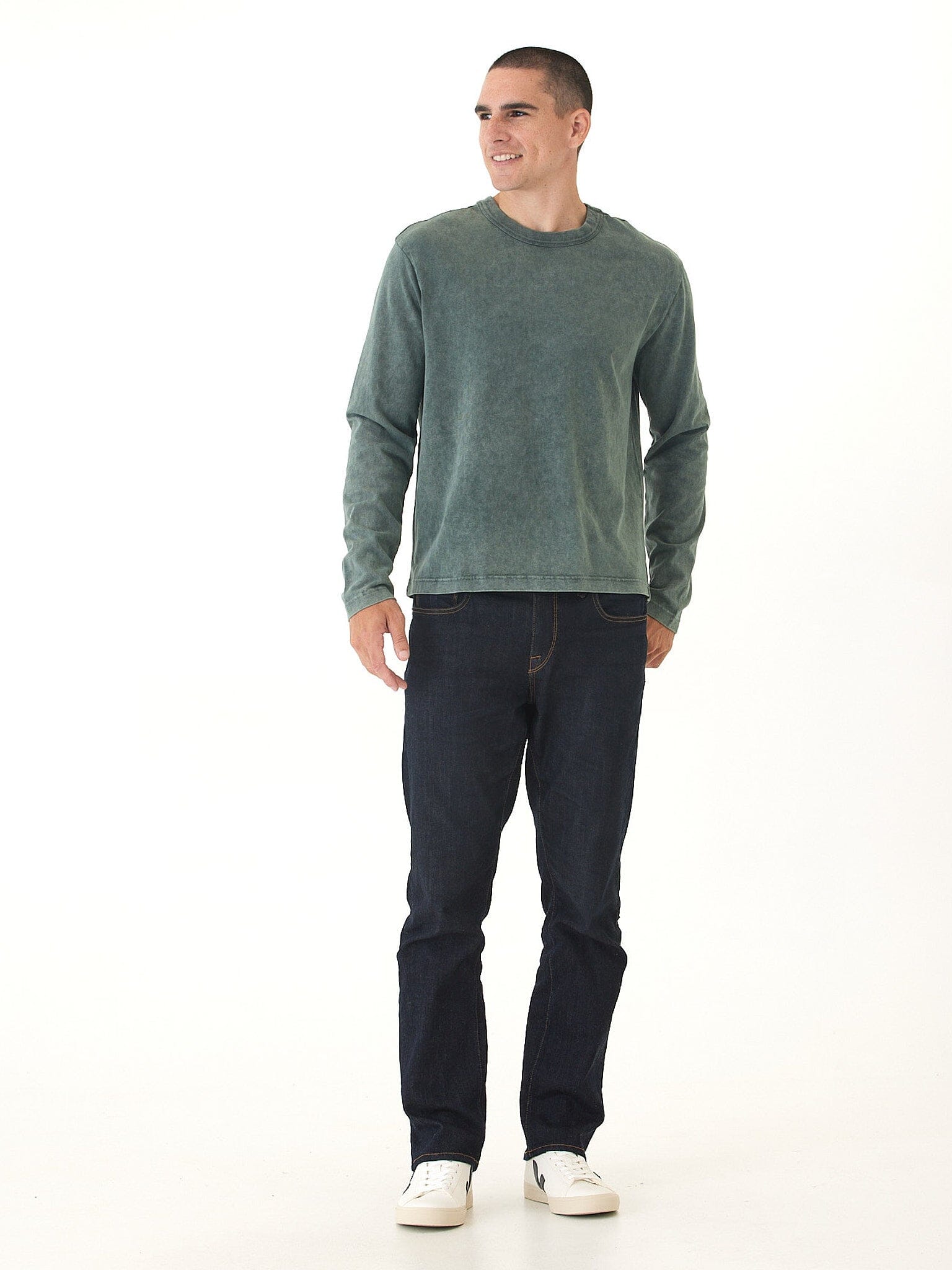 Relaxed Fit Mineral Wash Long Sleeve Crewneck Tee for Men